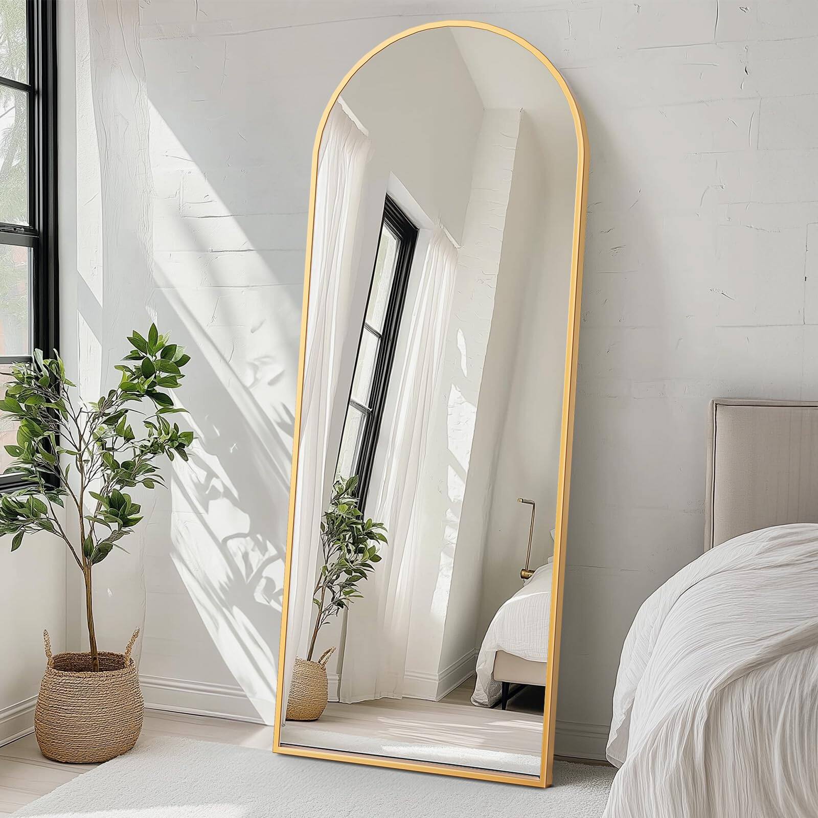 Back. Stylel Star - Full-length Mirror 71"x26" Full-body Floor With Stand Hanging Wall-mounted Or Freestanding Thin Aluminum Frame Large Arc.