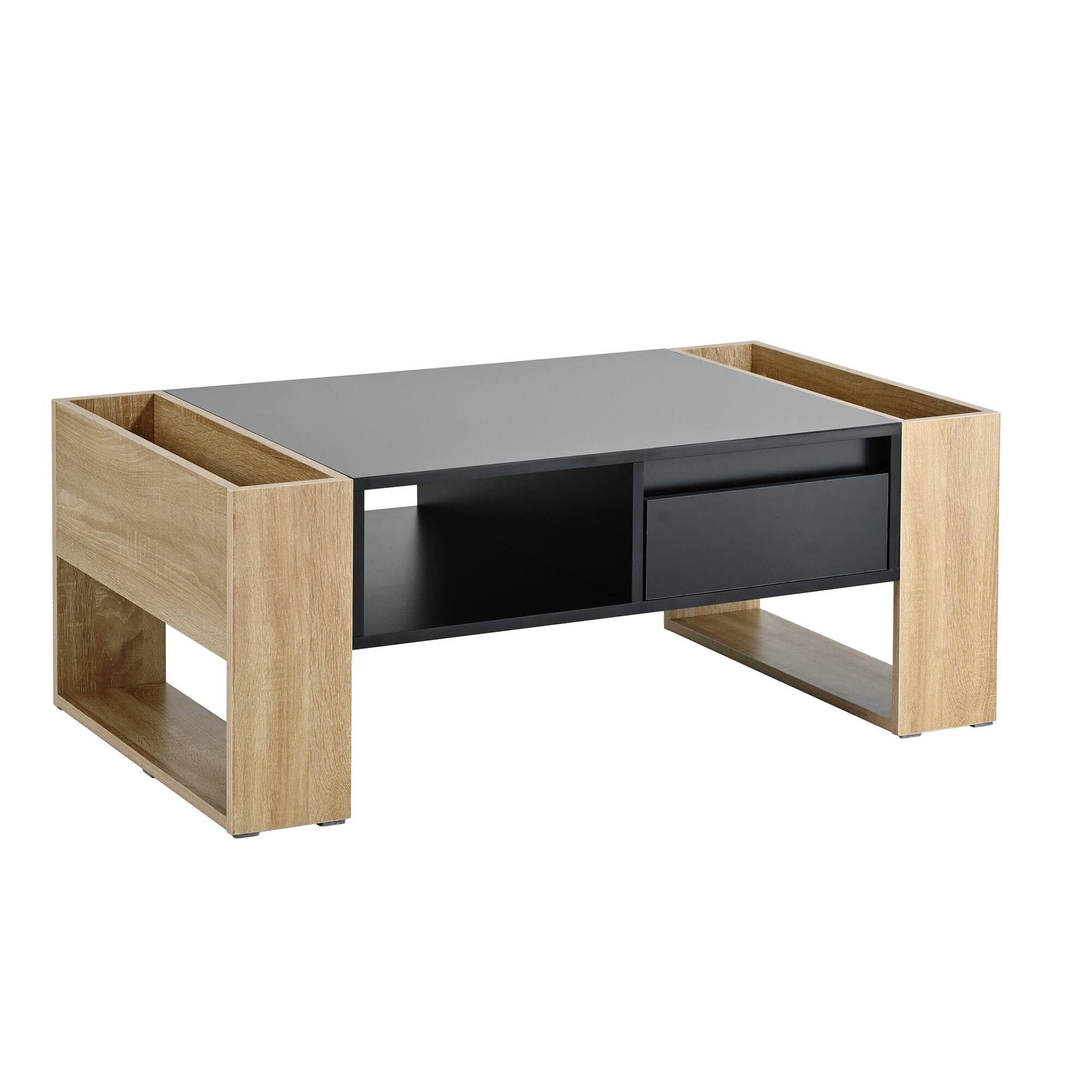 Alt View 6. Tiramisubest - High Glossy Coffee Table with 2 Drawers,Practical Two Tone Center Table with Hidden Compartments,Open Shelf,Black - Black+Natural.