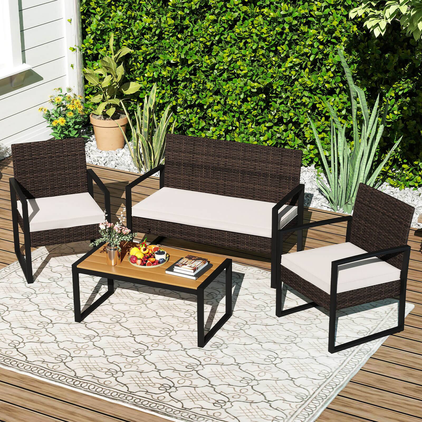Alt View 5. Costway - Costway 8 Piece Patio Furniture Set with Cushioned Chairs & Wood Plastic Coffee Table - Off White.