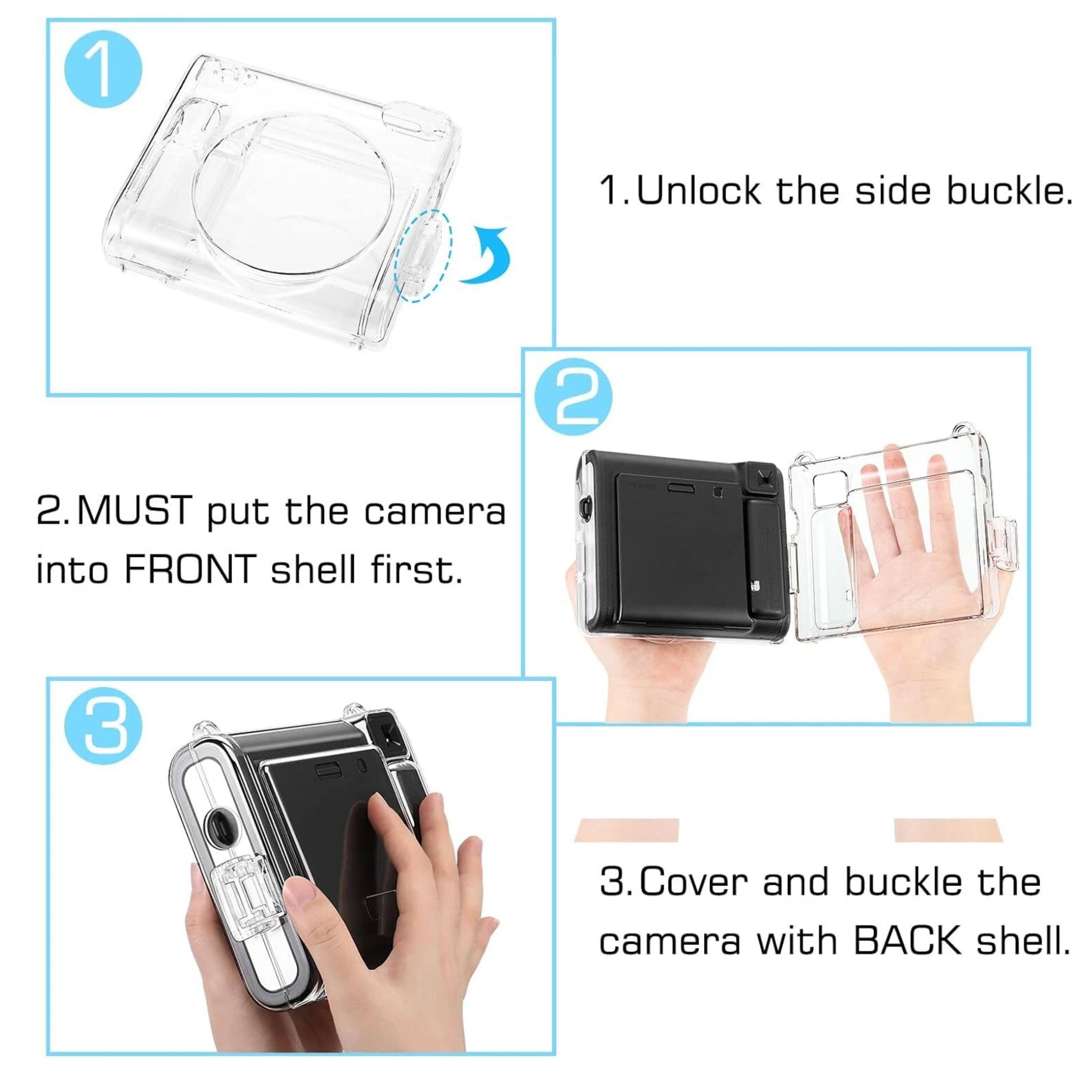 1. Unlock the side buckle.  
2. MUST put the camera into FRONT shell first.  
3. Cover and buckle the camera with BACK shell.