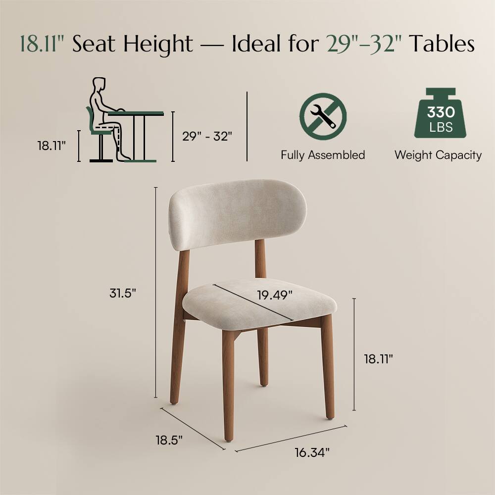 18.11" Seat Height — Ideal for 29"-32" Tables  
Fully Assembled  
330 LBS Weight Capacity  
31.5"  
19.49"  
18.11"  
18.5"  
16.34"