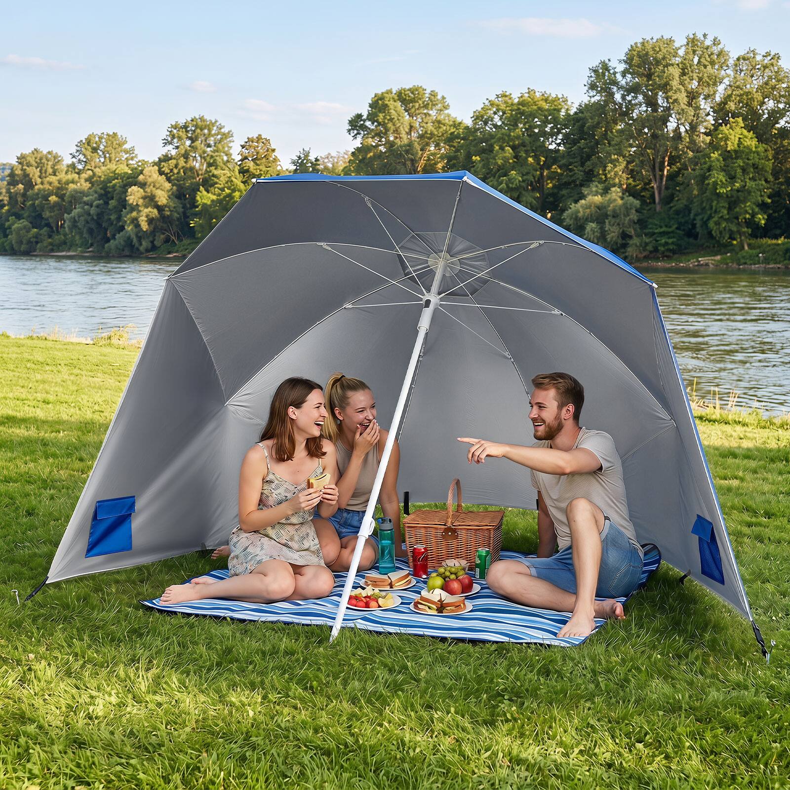 Alt View 1. Costway - Costway 2-In-1 Beach Shelter Umbrella with 2 Side Panels, Sand Anchor, Fiberglass Ribs - Blue.