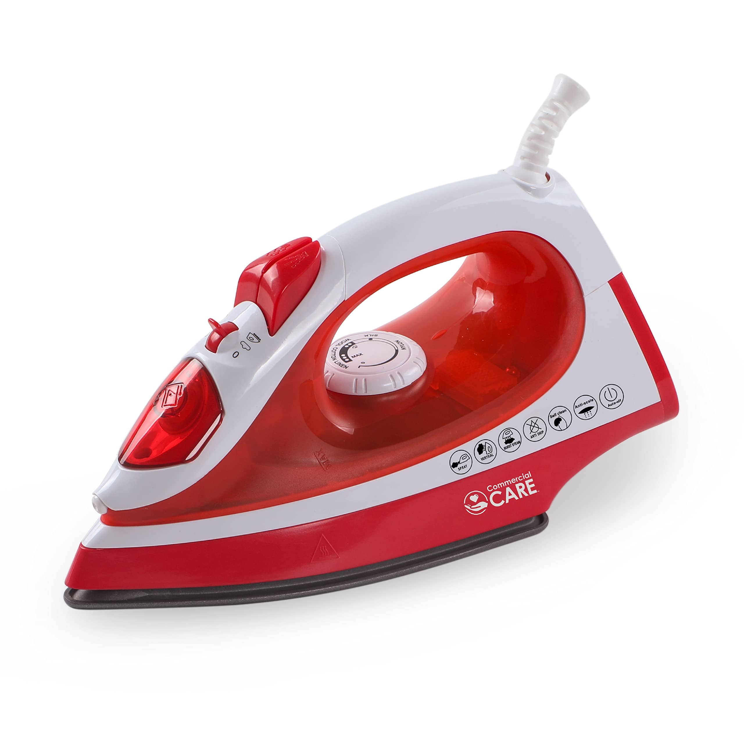 Commercial Care - CCSI300 Steam Iron with 7.4 Ounce Water Tank, 1200 Watts, Comfort Grip, White with Green Accents - RED