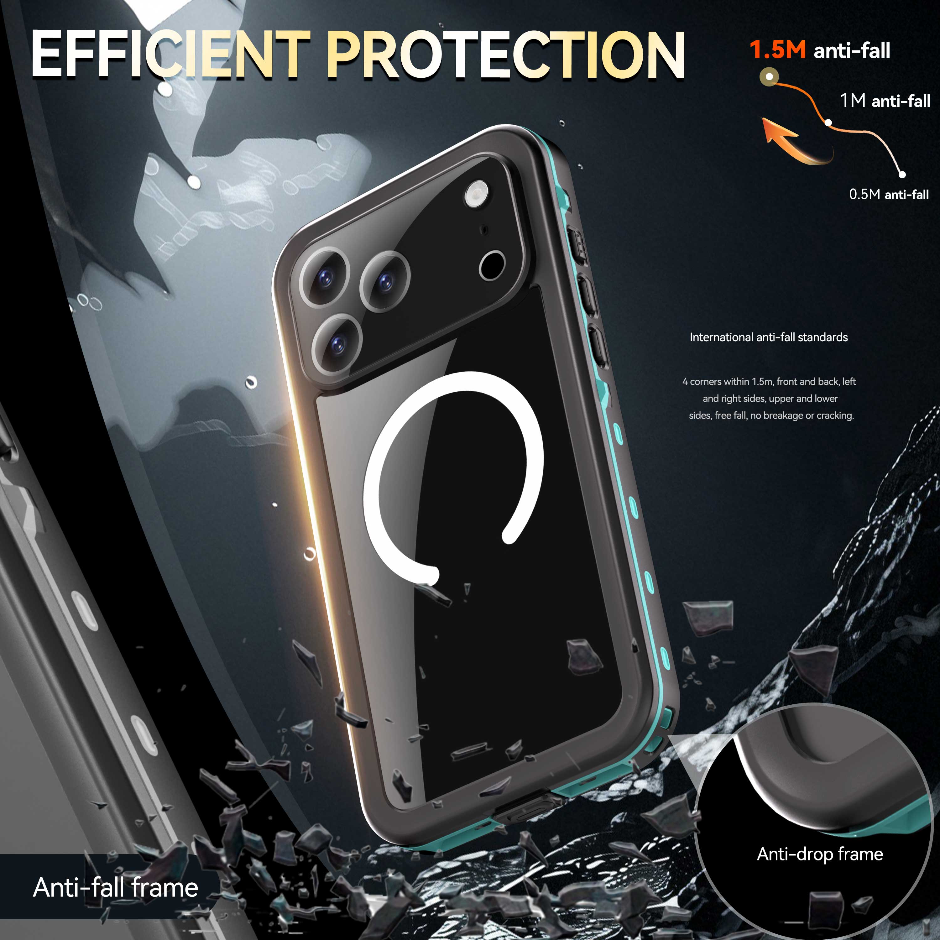 EFFICIENT PROTECTION

1.5M anti-fall  
1M anti-fall  
0.5M anti-fall  

International anti-fall standards  

4 corners within 1.5m, front and back, left and right sides, upper and lower sides, free fall, no breakage or cracking  

Anti-fall frame  
Anti-drop frame