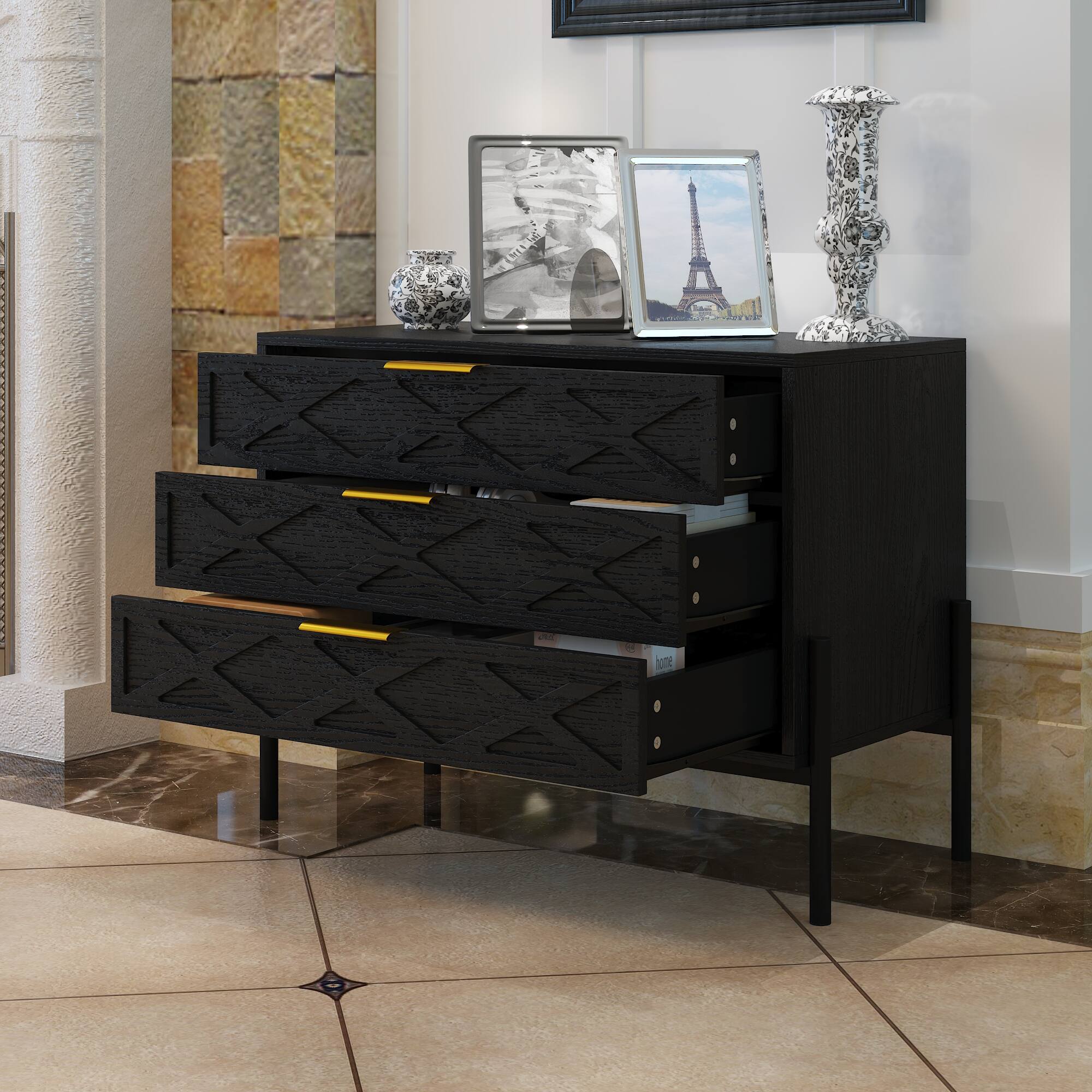 Angle. FUFU & GAGA - 3-Drawer Multi-Functional Dresser Storage Cabinet with Silent Tracks for Bedroom, Living Room - Black.