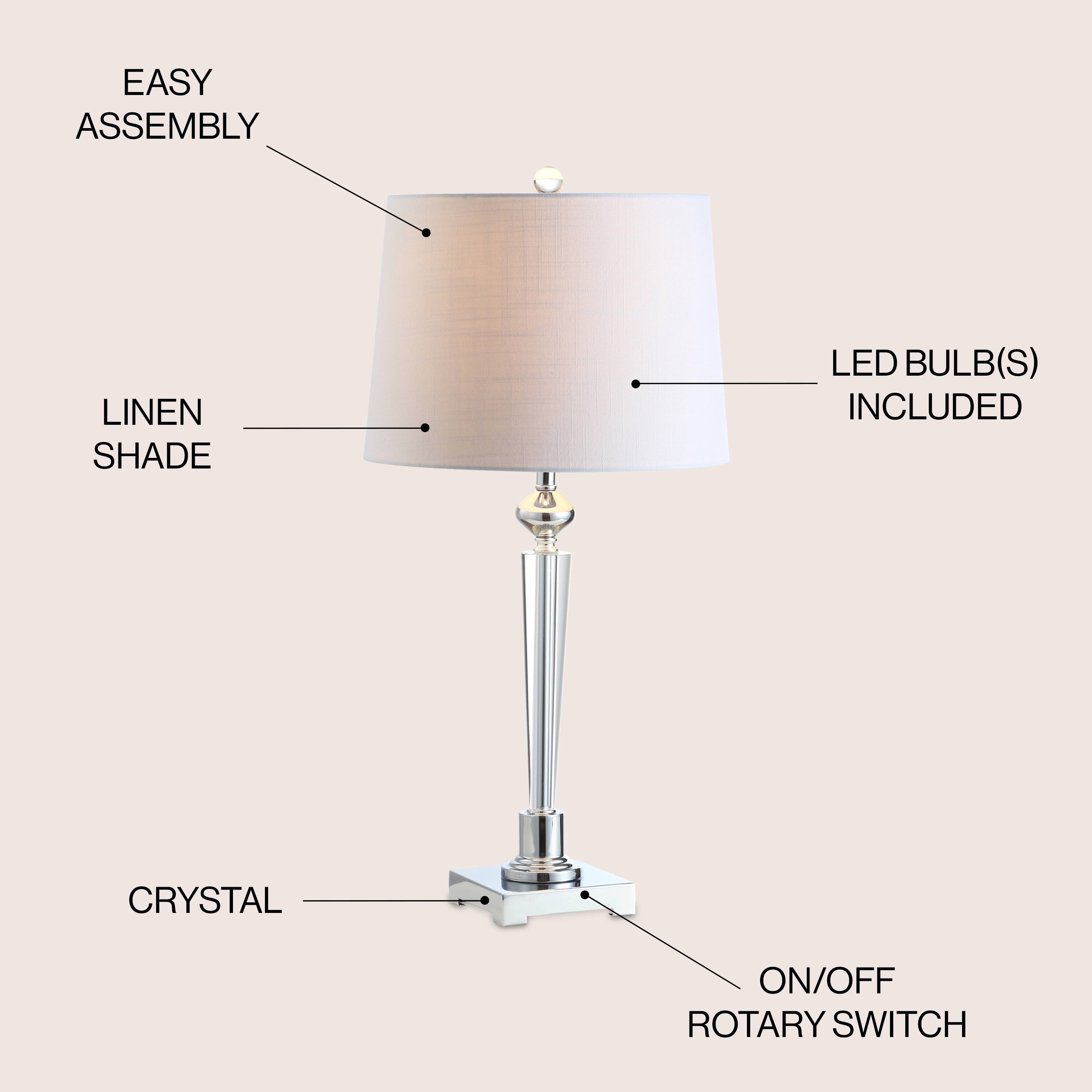 - EASY ASSEMBLY
- LINEN SHADE
- LED BULB(S) INCLUDED
- CRYSTAL
- ON/OFF ROTARY SWITCH