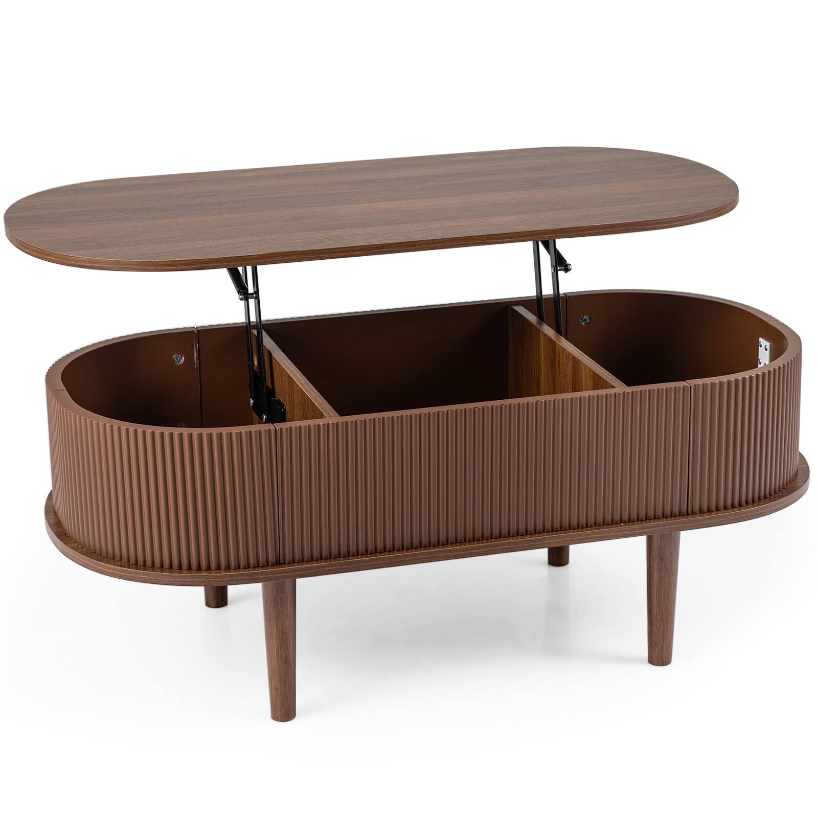 Alt View 9. Costway - Costway Oval Lift Top Coffee Table with Storage, Fluted Design & Raised Wood Feet for Home - Walnut.
