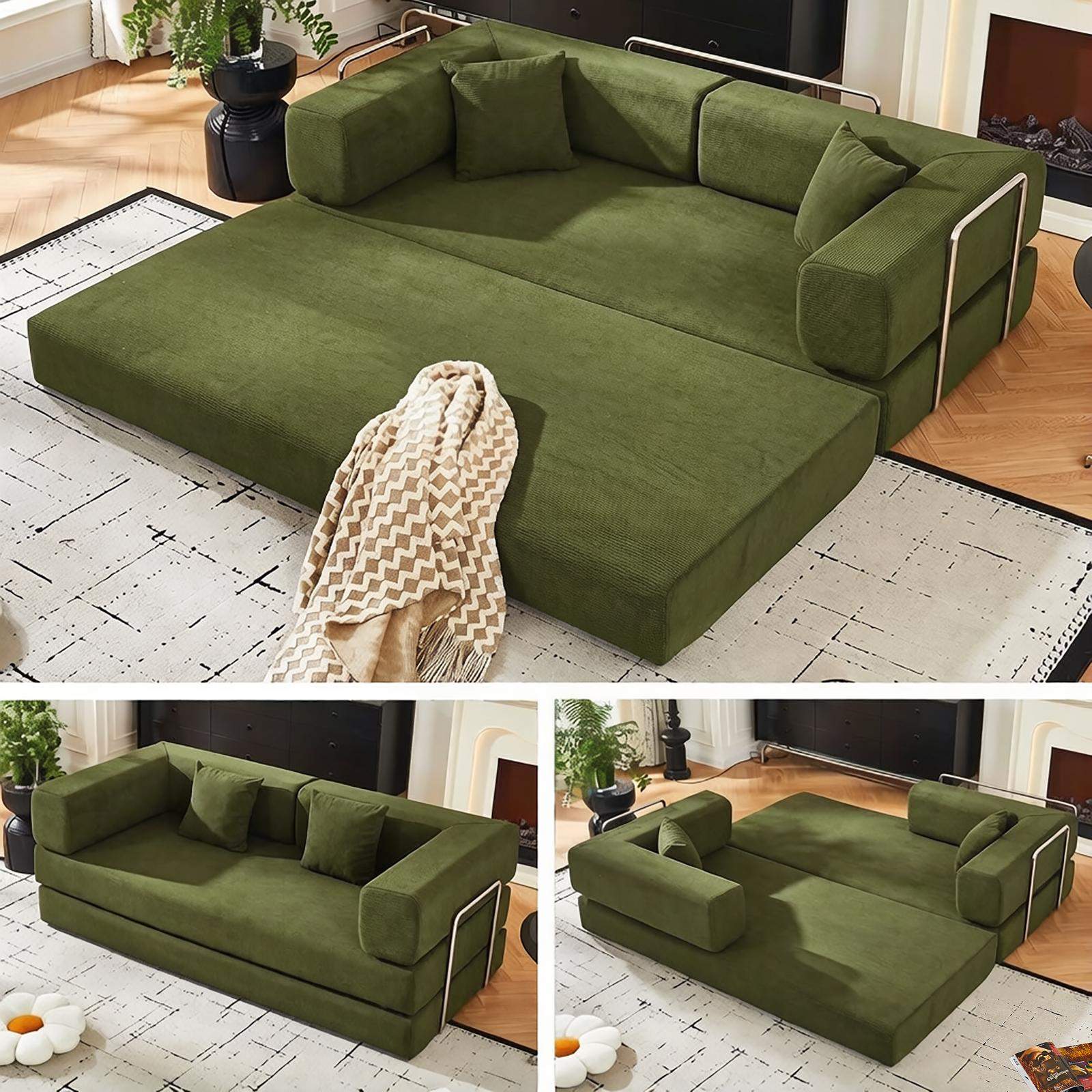Back. Roomtec - Convertible Corduroy Sleeper Sofa Bed with Cylindrical Pillow Folding Mattress Couch with Stable FixedShape Frame - Green.