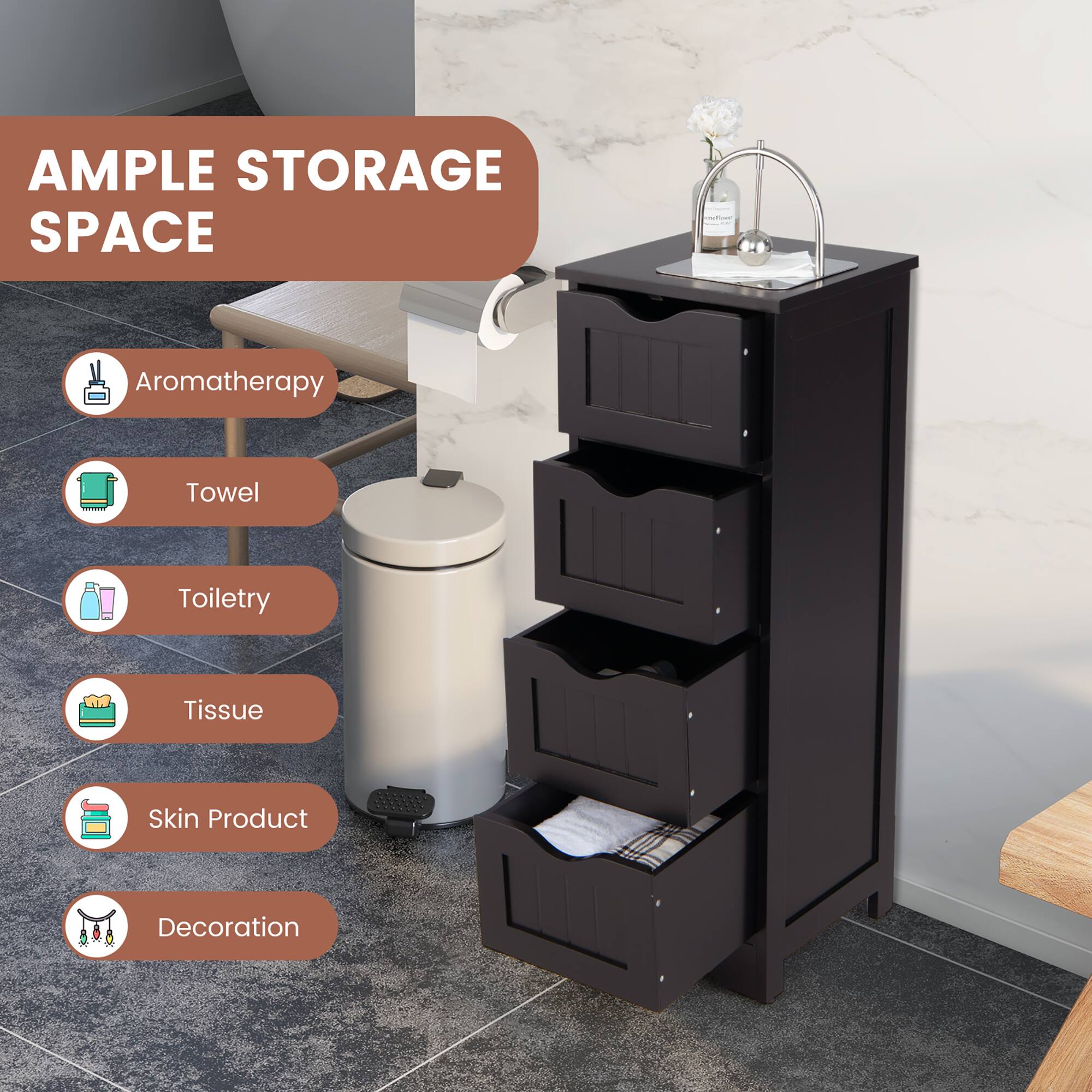 AMPLE STORAGE SPACE

- Aromatherapy
- Towel
- Toiletry
- Tissue
- Skin Product
- Decoration