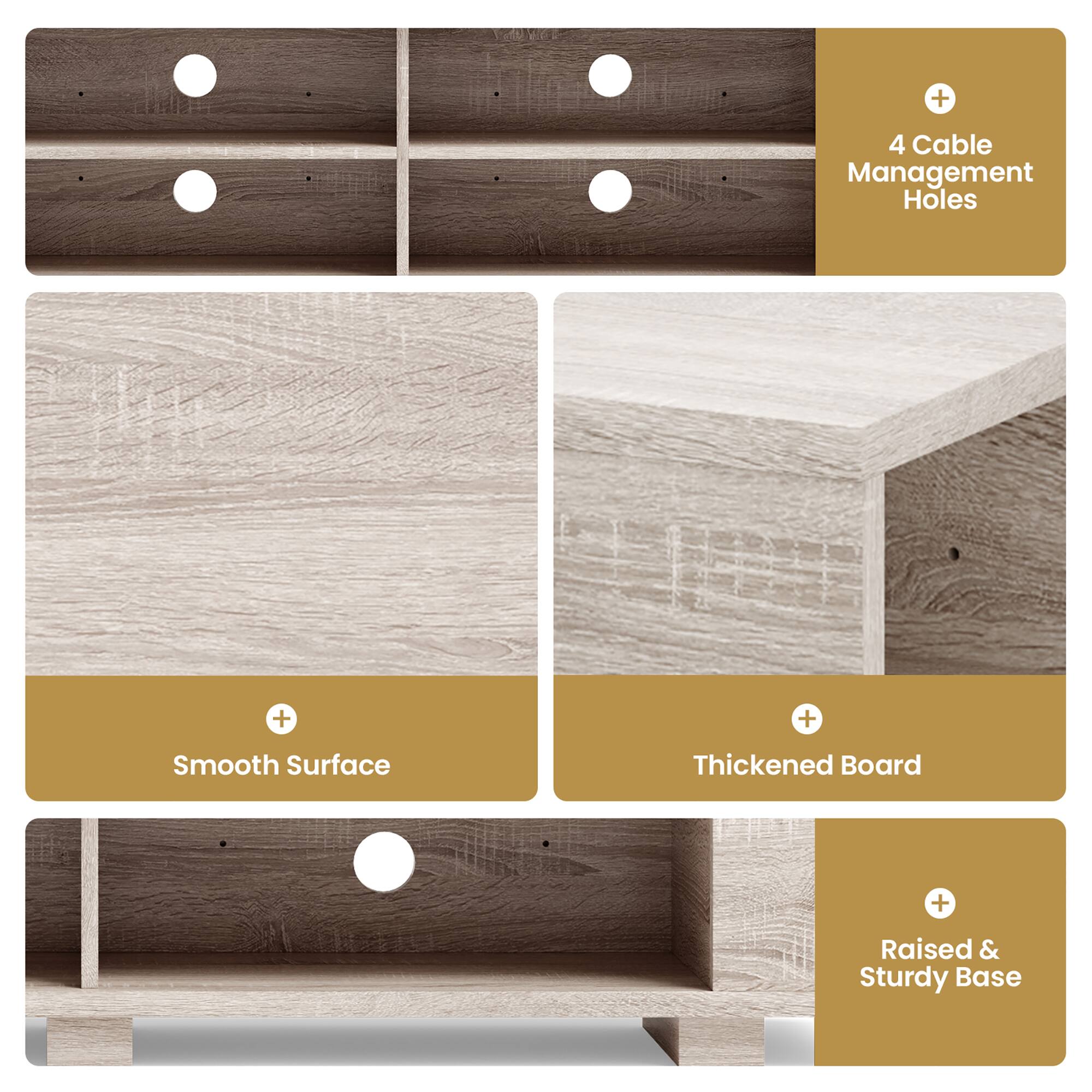 The image features a wooden cabinet with a smooth surface, thickened board, and four cable management holes. It also has a raised and sturdy base, making it a versatile and functional piece of furniture.