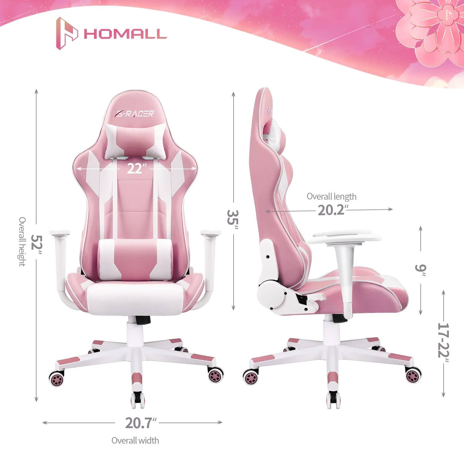 HOMALL  
S-RACER  
22"  
Overall height 52"  
35"  
Overall length 20.2"  
9"  
17-22"  
20.7" Overall width