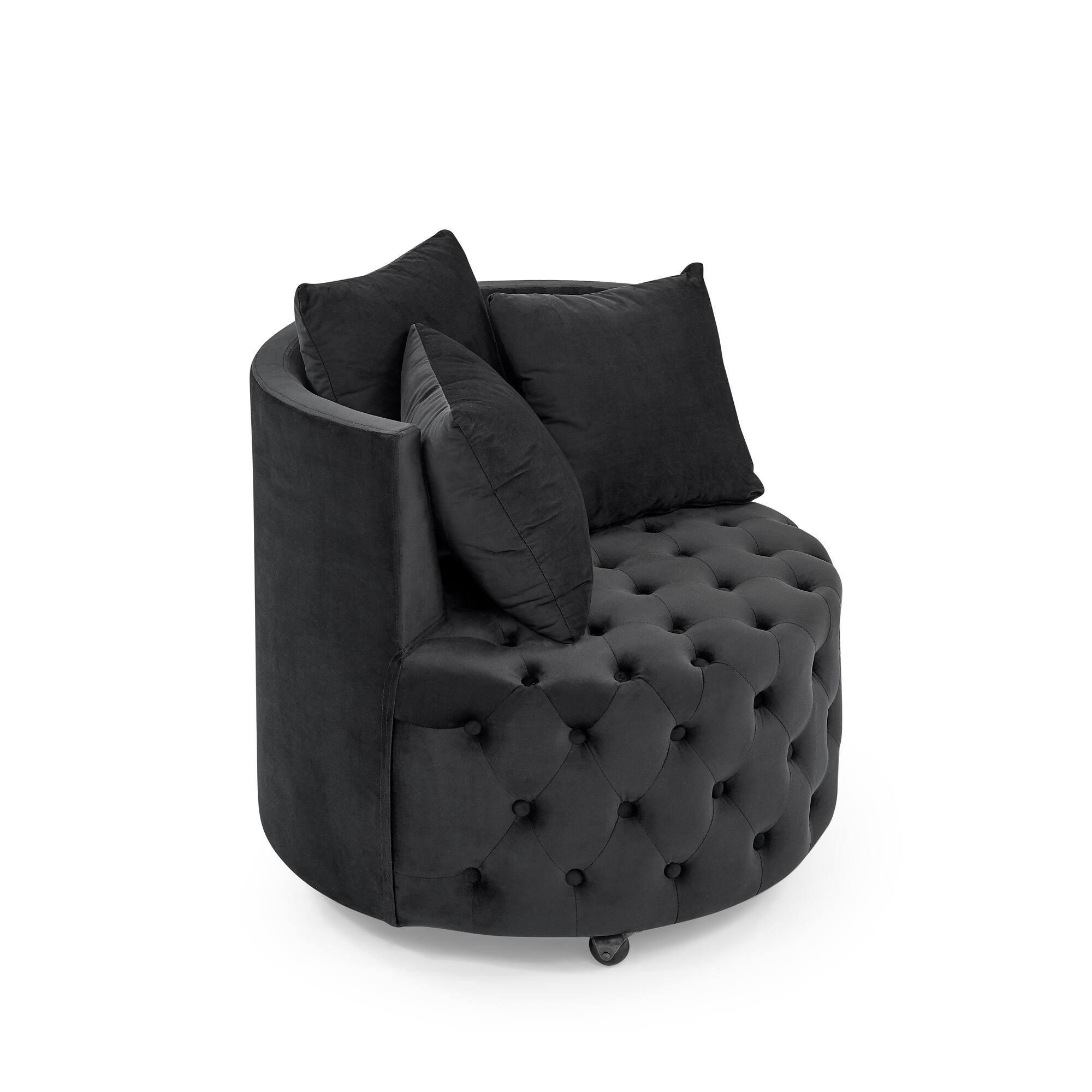 Alt View 5. Trinkets Crazed - Velvet Upholstered Swivel Chair for Living Room, with Button Tufted Design and Movable Wheels, Including 3 Pillows - Black.
