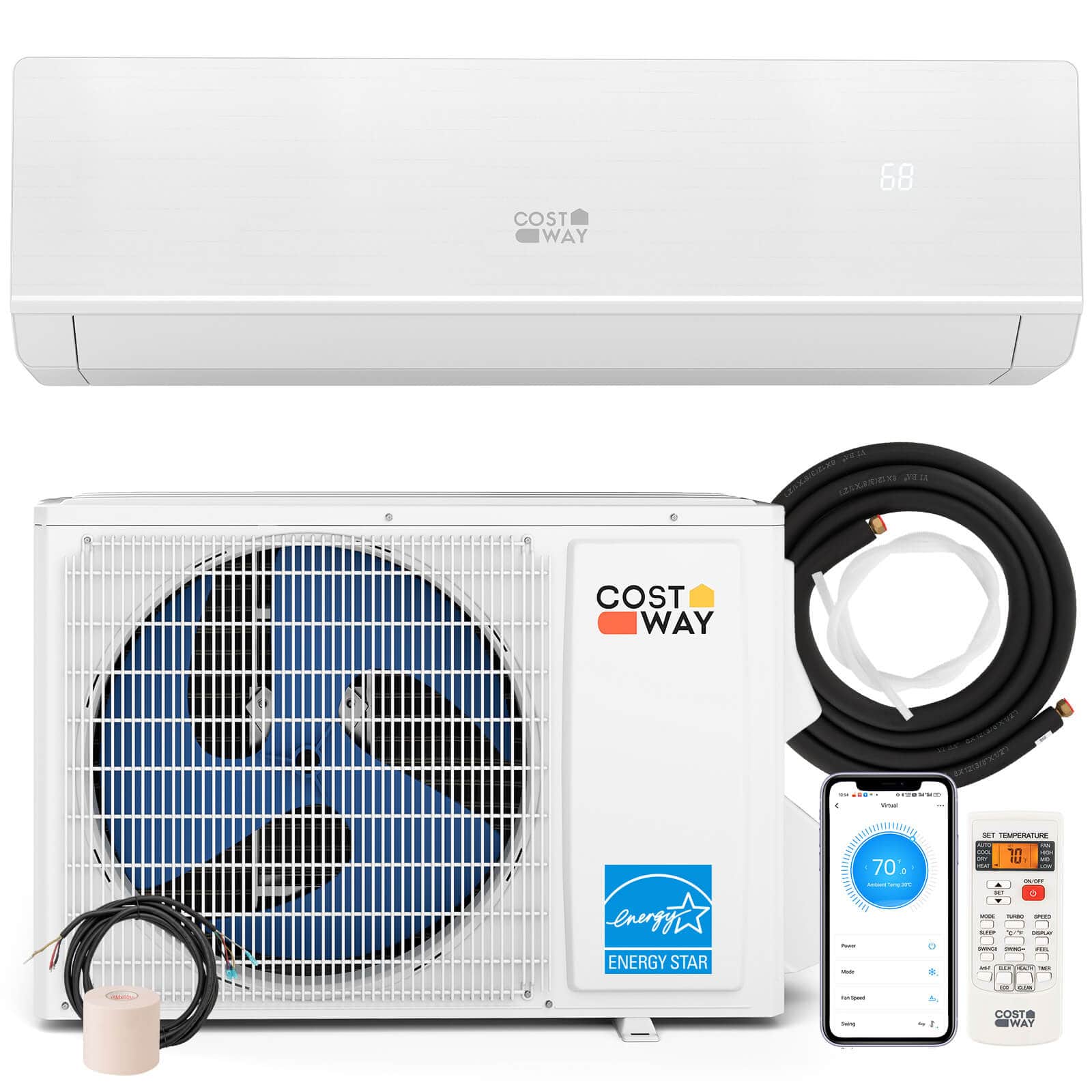 Costway - 24000 BTU Mini Split Air Conditioner Heater with 2 Ton Heat Pump Installation Kit - White