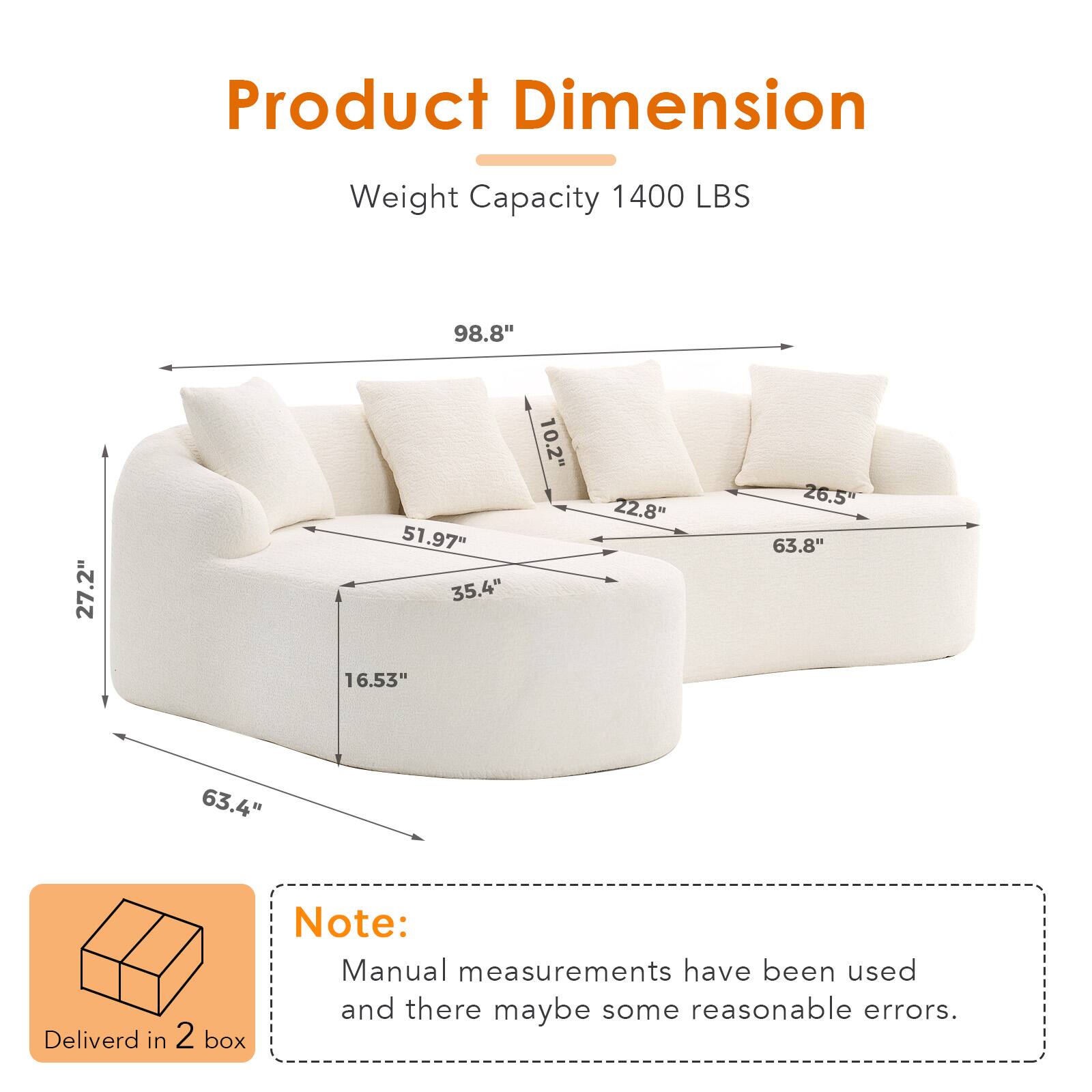 Product Dimension  
Weight Capacity: 1400 LBS  
Dimensions:  
- 98.8"  
- 27.2"  
- 51.97"  
- 35.4"  
- 10.2"  
- 22.8"  
- 26.5"  
- 63.8"  
- 16.53"  
- 63.4"  

Note: Manual measurements have been used and there may be some reasonable errors.  
Delivered in 2 box