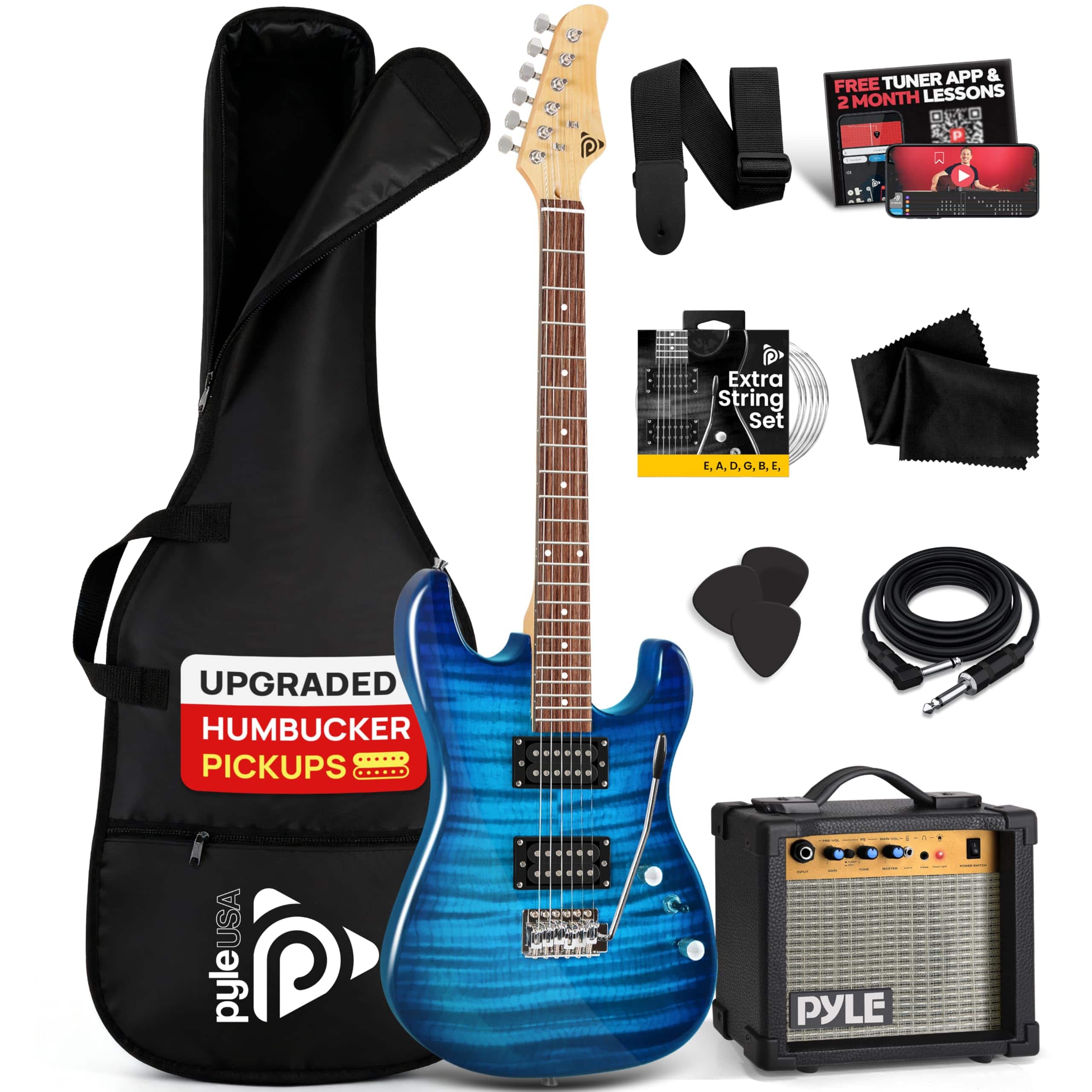 Pyle - Electric Guitar Kit with Amp, Full Size, Humbucker Pickups, 39" with Accessories - PEGKT99BL.X9 - Blue