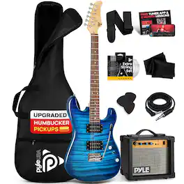 Pyle - Electric Guitar Kit with Amp, Full Size, Humbucker Pickups, 39" with Accessories - PEGKT99BL.X9 - Blue
