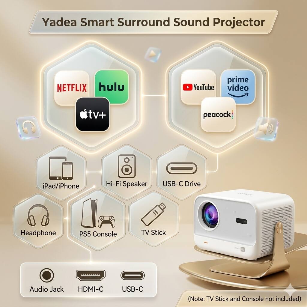 Yadea Smart Surround Sound Projector

- NETFLIX
- Hulu
- Apple TV+
- YouTube
- Prime Video
- Peacock

- iPad/iPhone
- Hi-Fi Speaker
- USB-C Drive
- Headphone
- PS5 Console
- TV Stick

- Audio Jack
- HDMI-C
- USB-C

(Note: TV Stick and Console not included)