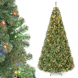 Costway - 8 FT Prelit Christmas Tree with 750 LED Lights & 2128 PVC Branch Tips, Metal Stand - Green