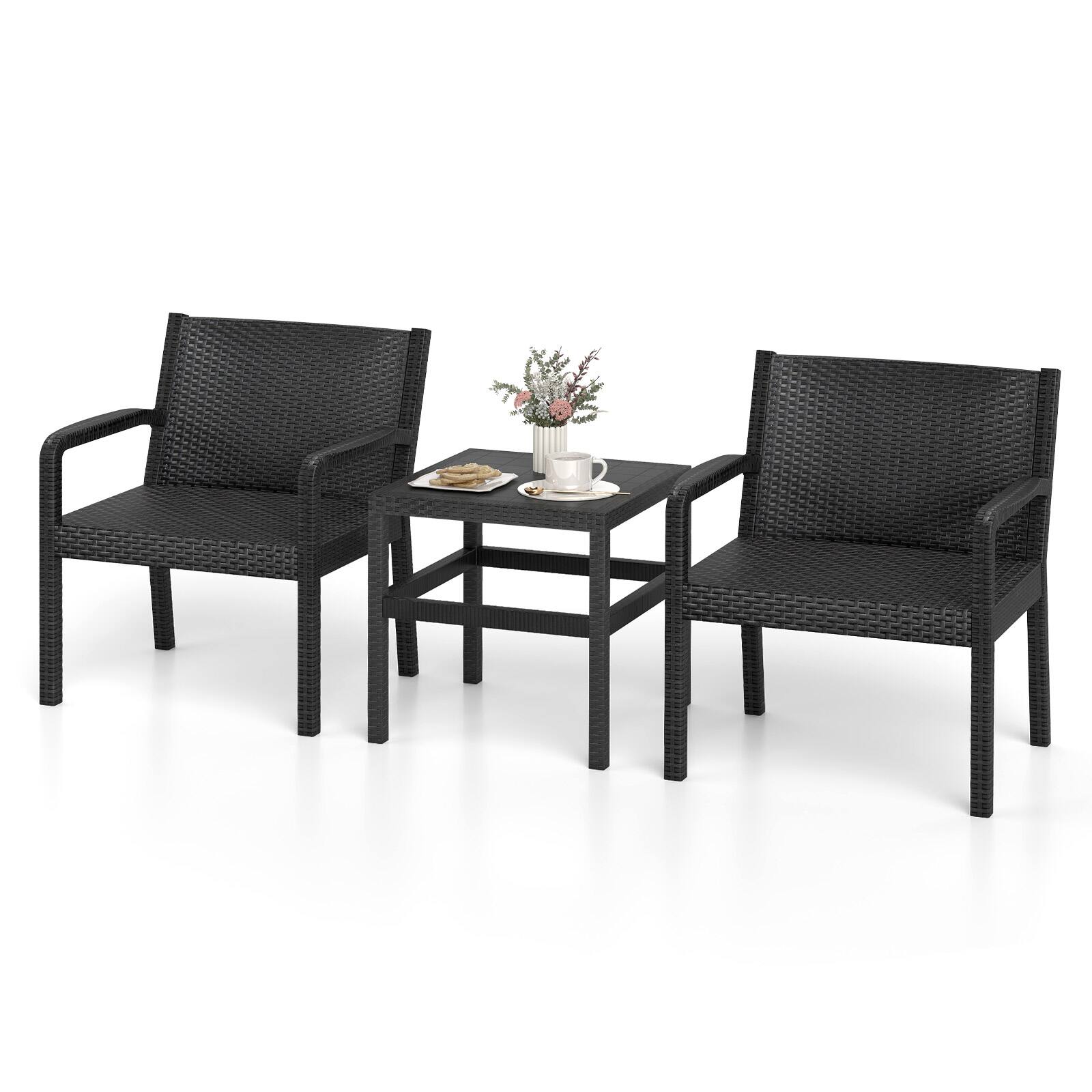 Alt View 5. Gymax - Gymax Set Of 3 Patio Furniture Set w/ 2 Modern Rattan Armchair & 25'' Squire Side Table - Black.