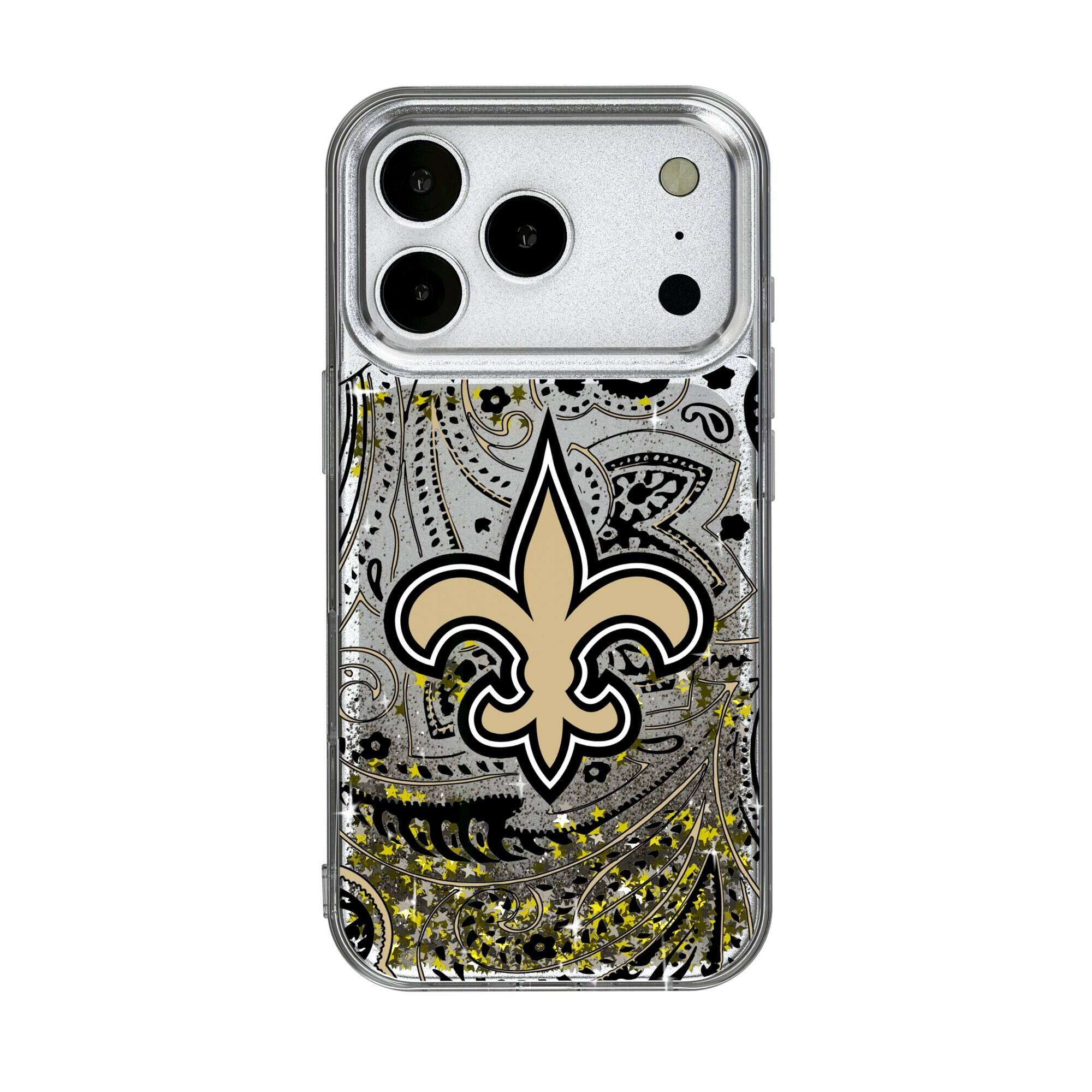 Front. Keyscaper - New Orleans Saints iPhone Paisley Design Glitter Case - 14 - Multicolor.