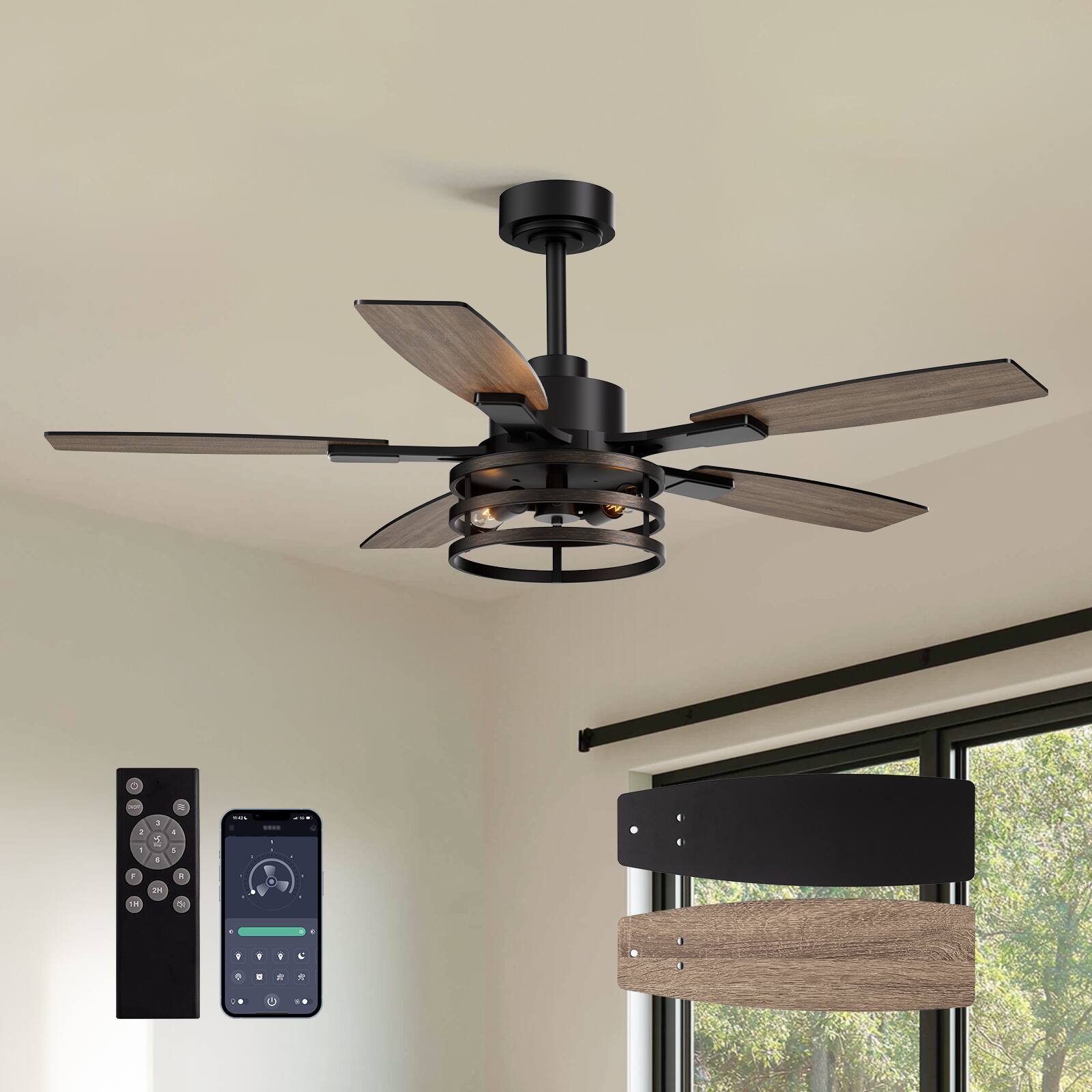 Left. Siljoy - 52 Inch Farmhouse Cage Ceiling Fan with Light 5 Walnut or Black Blades Remote for Bedroom Living Room Patio - Brown.