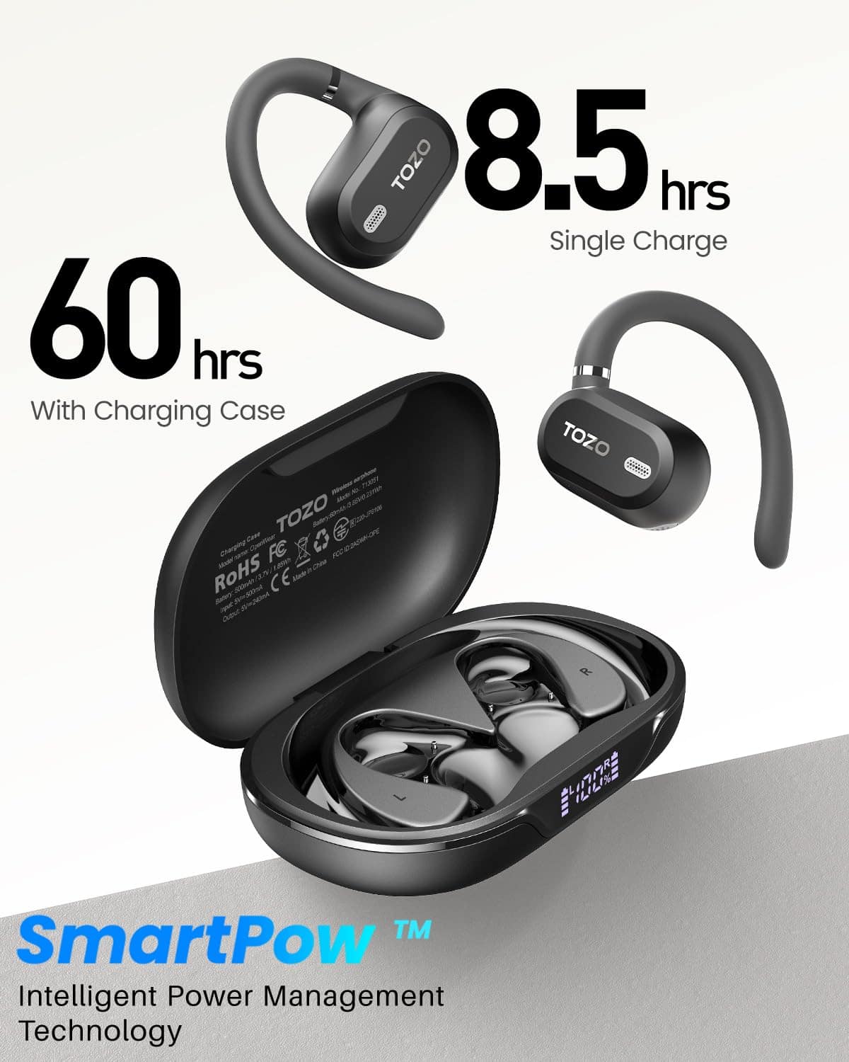 TOZO AI Translation Open Ear Earbuds 164 Languages, Adjustable Ear