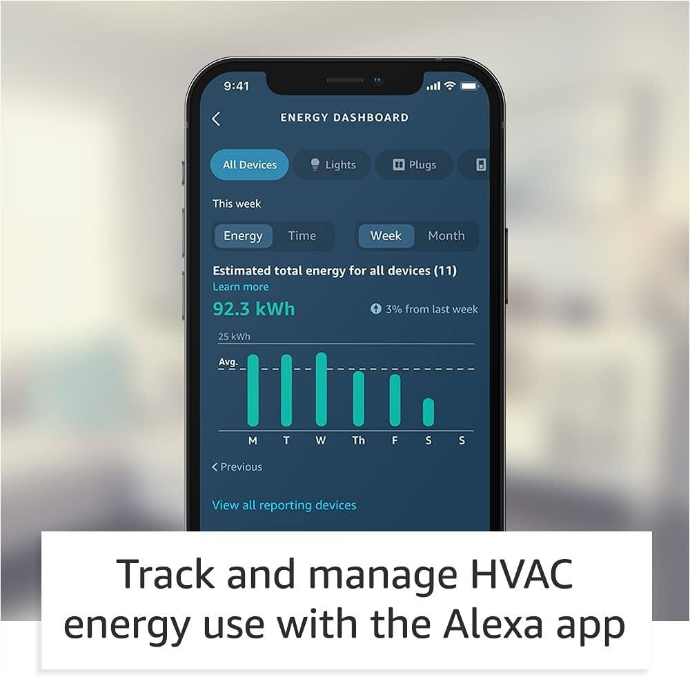 9:41 ENERGY DASHBOARD  
All Devices Lights Plugs  
This week  
Energy Time Week Month  
Estimated total energy for all devices (11)  
Learn more  
92.3 kWh  
3% from last week  
25 kWh  
Avg.  
M T W Th F S S  
Previous  
View all reporting devices  
Track and manage HVAC energy use with the Alexa app