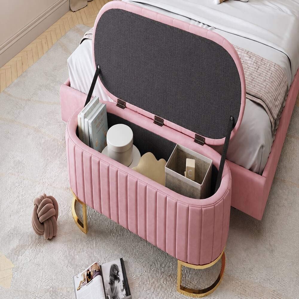 Alt View 10. Ropilly - Ropilly Pink Velvet Storage Ottoman Bench, Button Tufted End of Bed Bench with Metal Legs for Bedroom and Living Room - Pink.