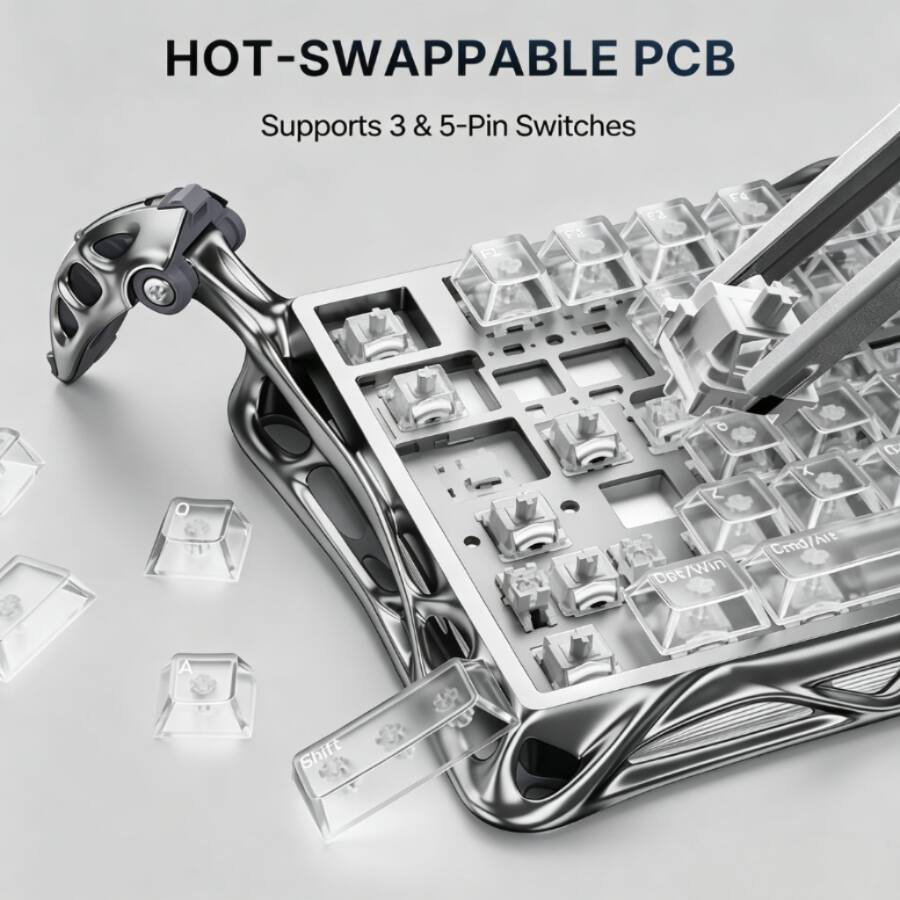 HOT-SWAPPABLE PCB  
Supports 3 & 5-Pin Switches  
F1  
F2  
F3  
F4  
F5  
F6  
F7  
F8  
F9  
F10  
F11  
F12  
Esc  
1  
2  
3  
4  
5  
6  
7  
8  
9  
0  
-  
=  
Backspace  
Tab  
Q  
W  
E  
R  
T  
Y  
U  
I  
O  
P  
[  
]  
\  
Caps Lock  
A  
S  
D  
F  
G  
H  
J  
K  
L  
;  
'  
Enter  
Shift  
Z  
X  
C  
V  
B  
N  
M  
,  
.  
/  
Shift  
Opt/Win  
Cmd/Alt