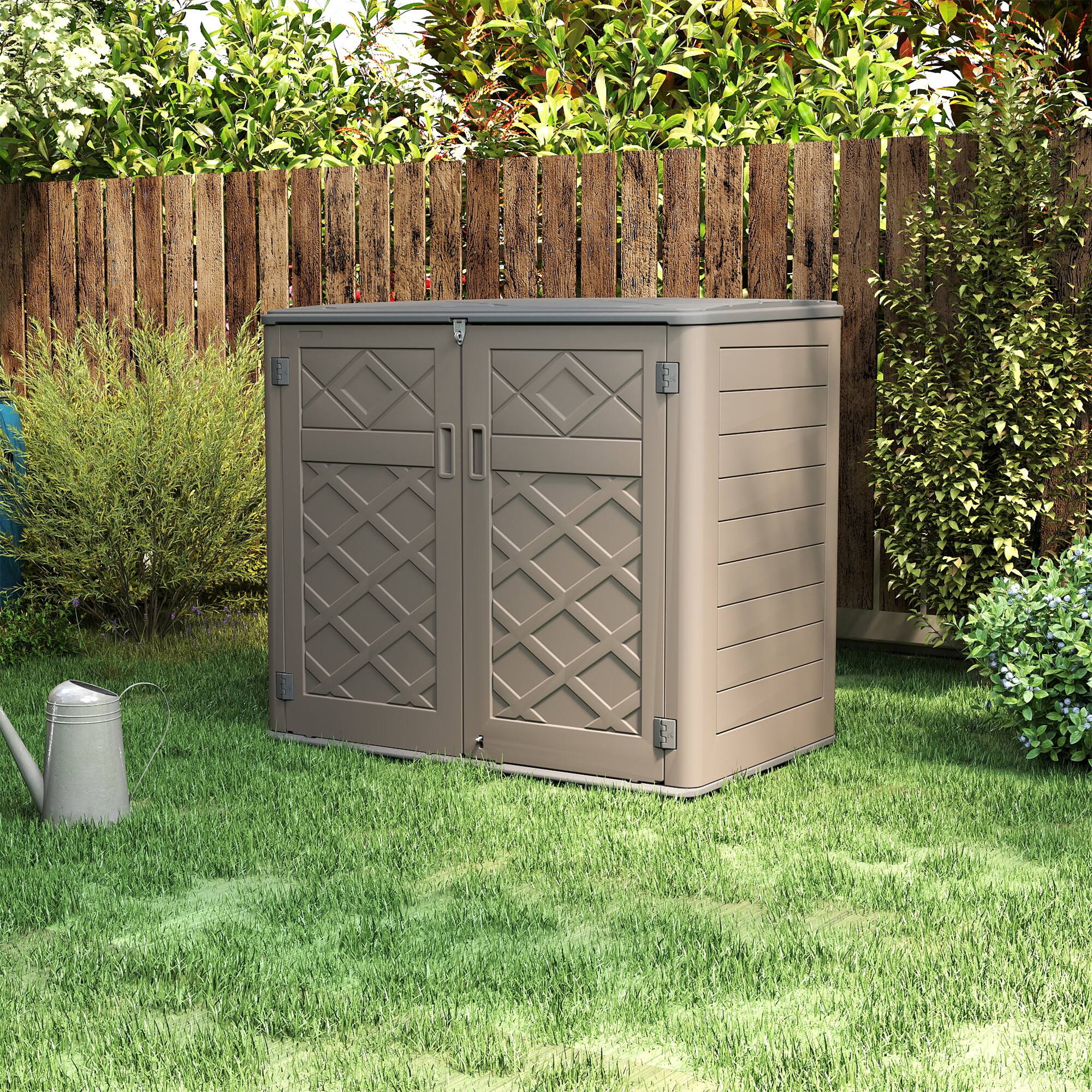 Left. Yardgrace - Outdoor Storage Shed 358 Gal. 53.15 in. x 33.07 in. x 46.85 in. Resin Large Waterproof Deck Box Shed - Brown No shelves.