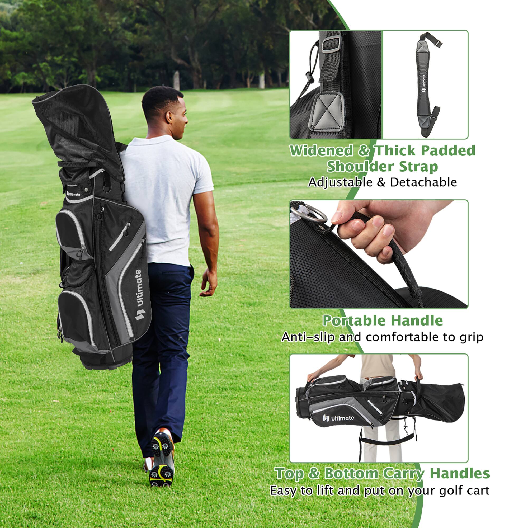 - Widened & Thick Padded Shoulder Strap
  - Adjustable & Detachable

- Portable Handle
  - Anti-slip and comfortable to grip

- Top & Bottom Carry Handles
  - Easy to lift and put on your golf cart