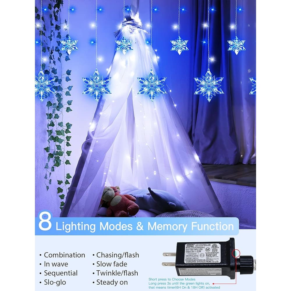 MOSZAR LLC - 144 LED Snowflake Icicle Curtain Lights, 8.2 ft, 12 Drops, Blue & White, 8 Modes