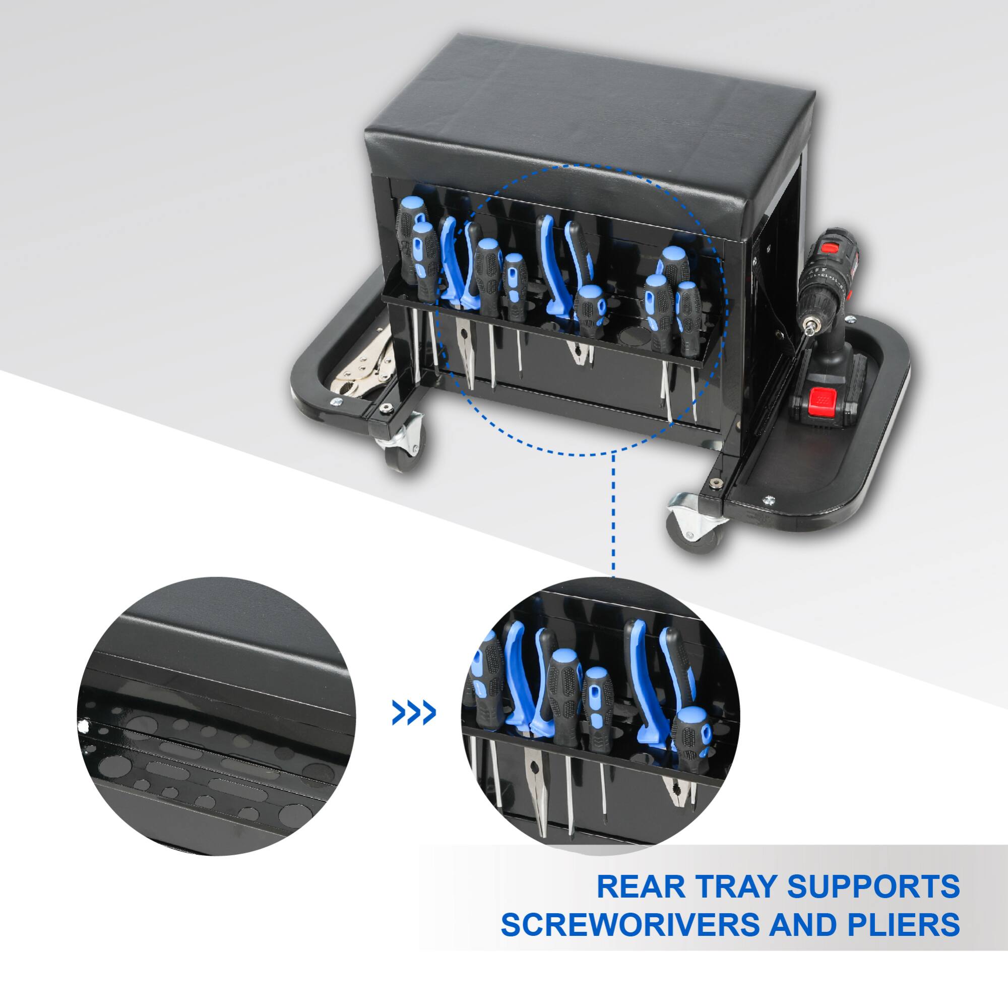 REAR TRAY SUPPORTS SCREWDRIVERS AND PLIERS