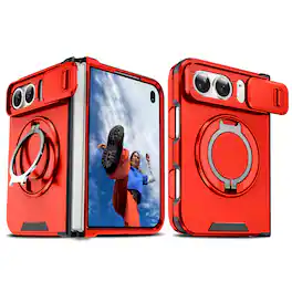 Dteck - Case for iPhone Duo Shockproof Rugged Magnetic 360 Ring Stand Kickstand Cover with Sliding Lens Cover - Red