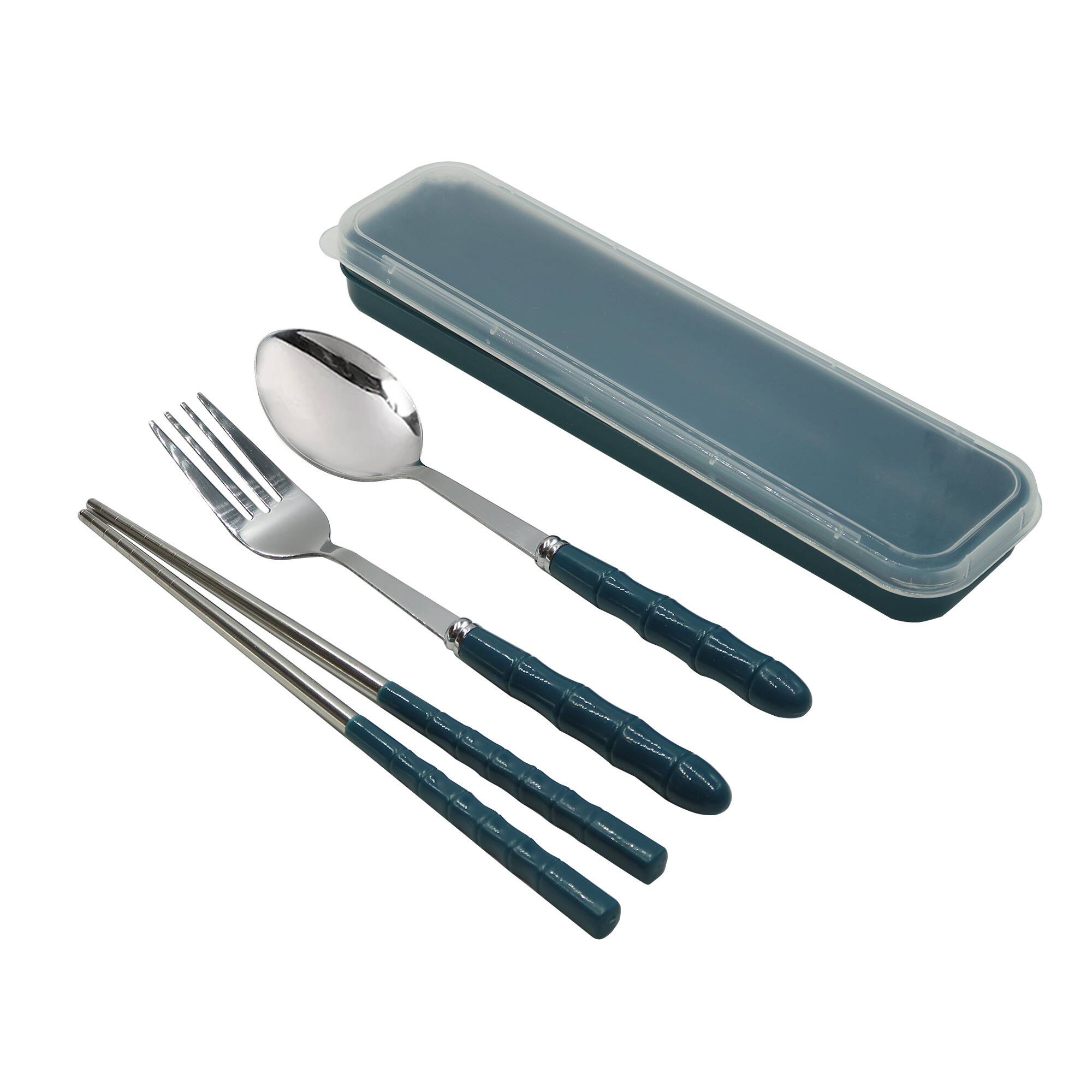 Alt View 3. all - 10x Eco-Friendly Stainless Steel Cutlery Set – Spoon, Fork & Chopsticks in Convenient Case for Students and Travel.