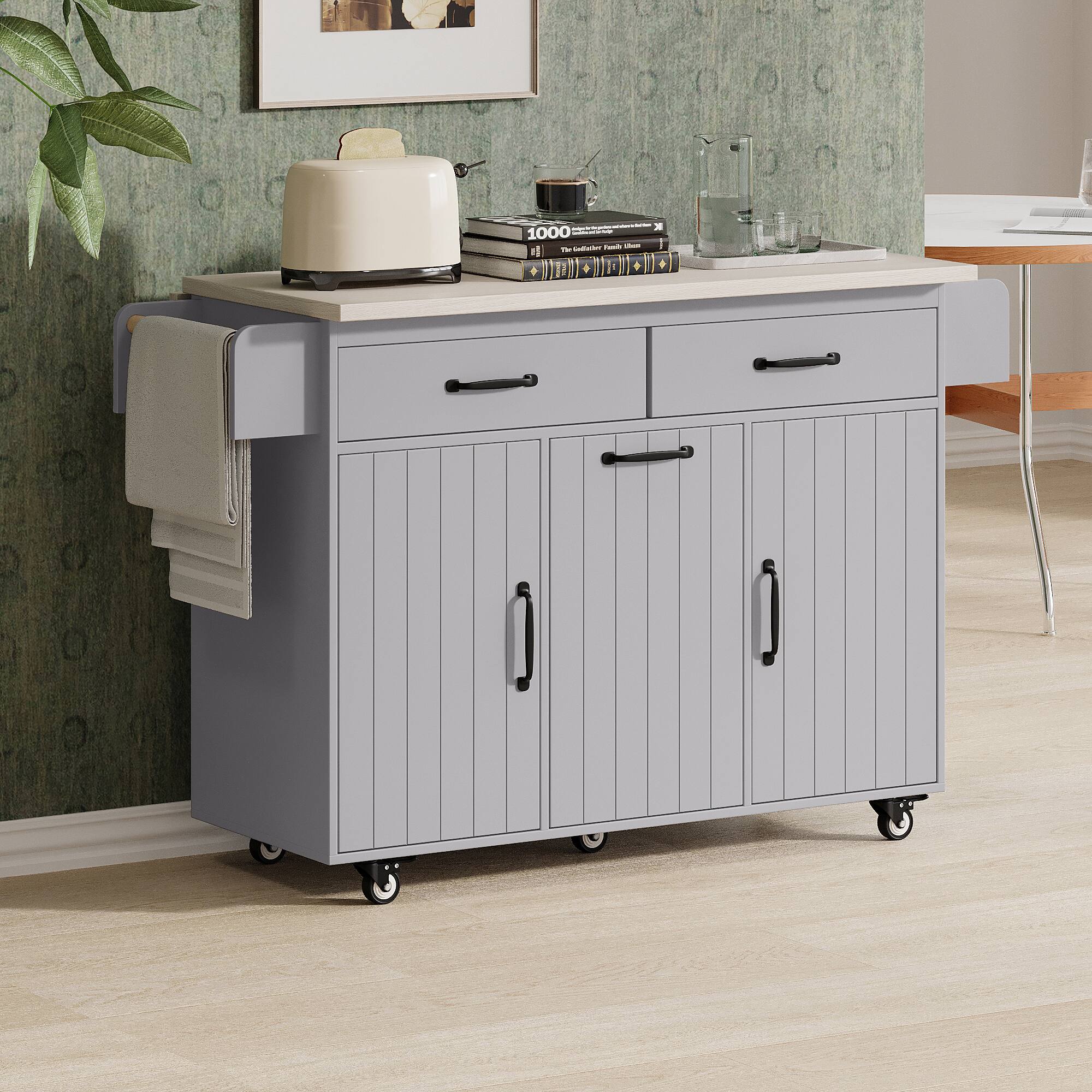 Left. GOODSILO - Kitchen Island with Trash Can, Drop Leaf, Spice & Towel Racks, Drawer, Rolling Cart with Adjustable Shelf - Grey.