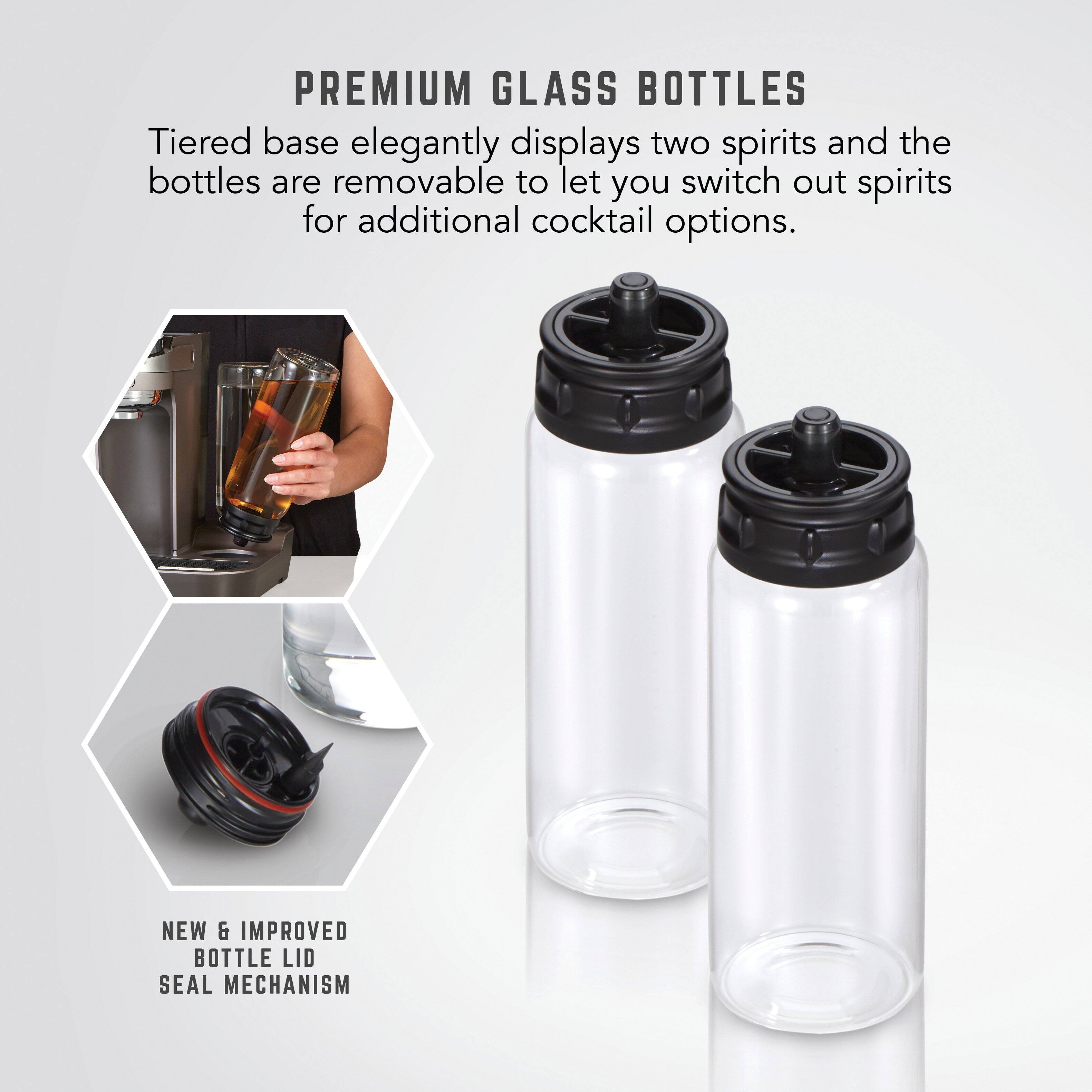 **PREMIUM GLASS BOTTLES**

Tiered base elegantly displays two spirits and the bottles are removable to let you switch out spirits for additional cocktail options.

**NEW & IMPROVED BOTTLE LID SEAL MECHANISM**
