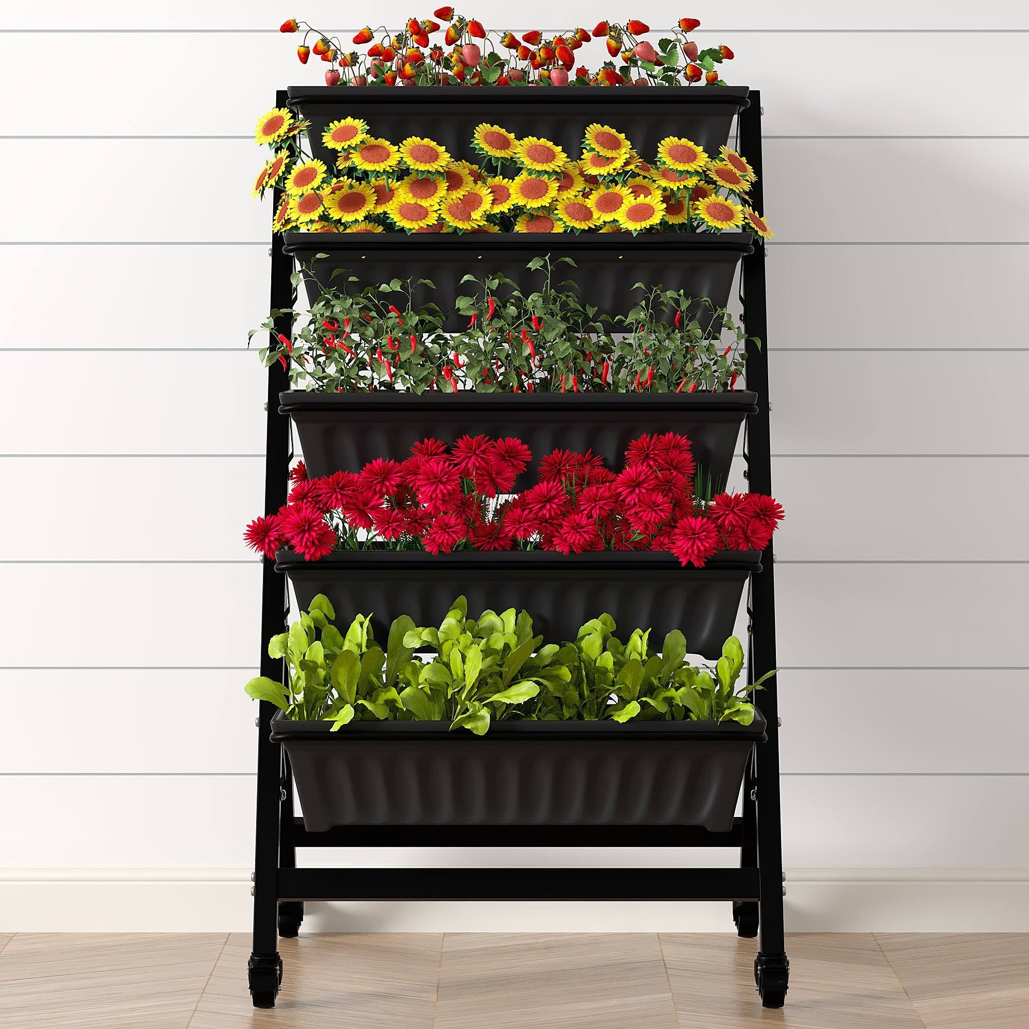Alt View 3. Vecelo - 5 Tier Metal Plant Stand with Wheels, Rolling Plant Rack with Trays for Indoor Plants.