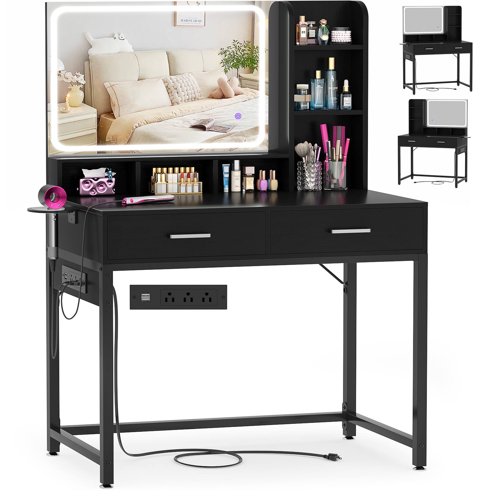 Alt View 2. Aheaplus - Makeup Vanity Desk with Lighted Mirror and Charging Station, 31.5'' Small Vanity Table with Drawers - Black.