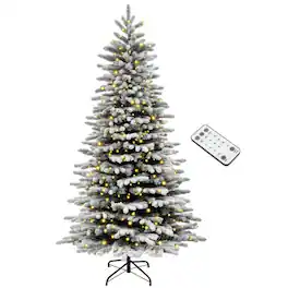 PULUZ - 7.5ft Snow Flocked Artificial Christmas Tree, Pre-Lit Christmas Tree with 500 LED Lights and 1264 Branch Tips - Green