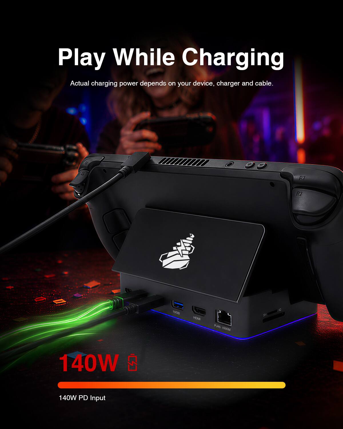 Play While Charging  
Actual charging power depends on your device, charger and cable.  

140W  
140W PD Input