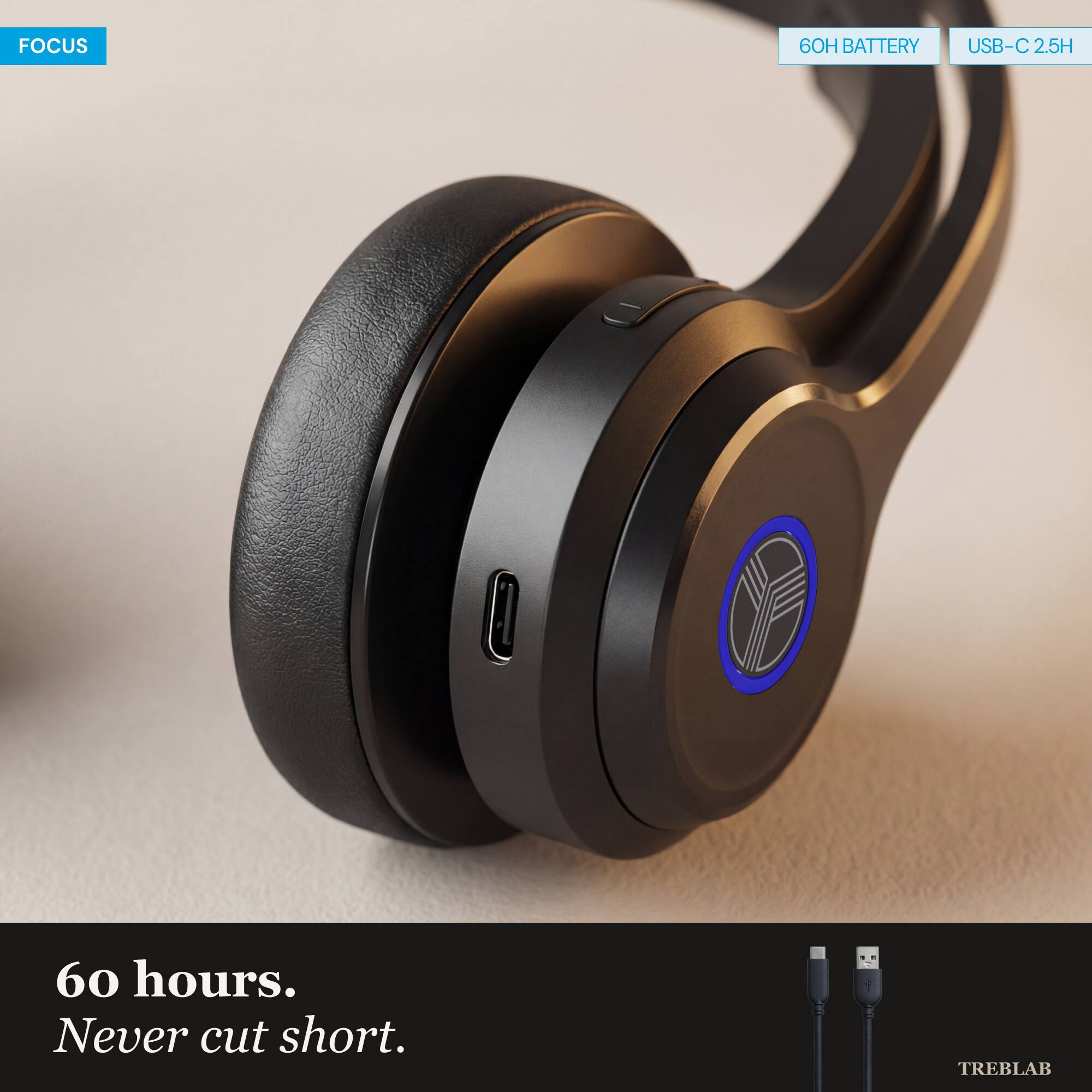 FOCUS

60H BATTERY USB-C 2.5H

60 hours. Never cut short.

TREBLAB