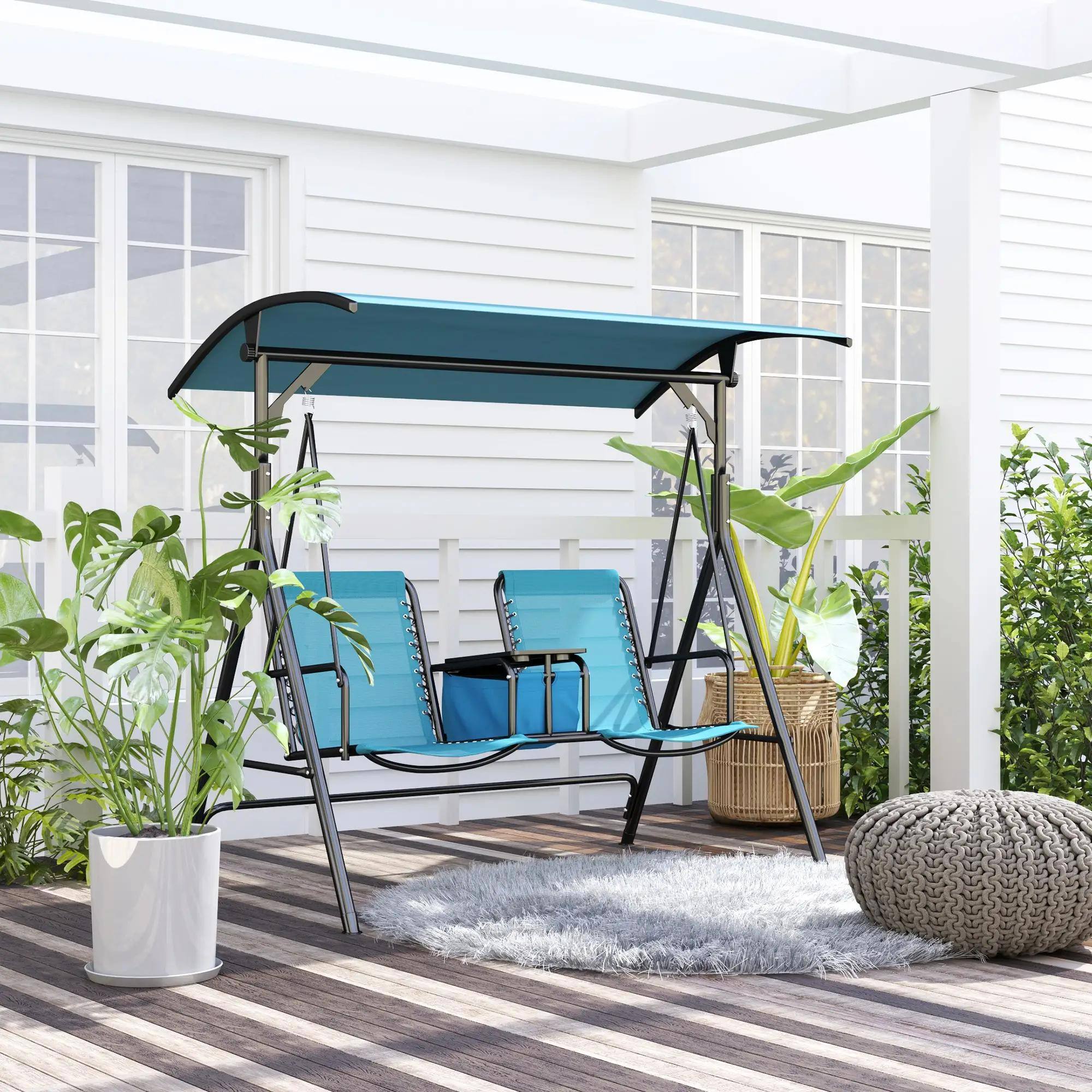 Left. Resenkos - Resenkos 2-Person Swing With Canopy, Storage, Cup Holder, Blue, Outdoor Porch Seating, Blue.