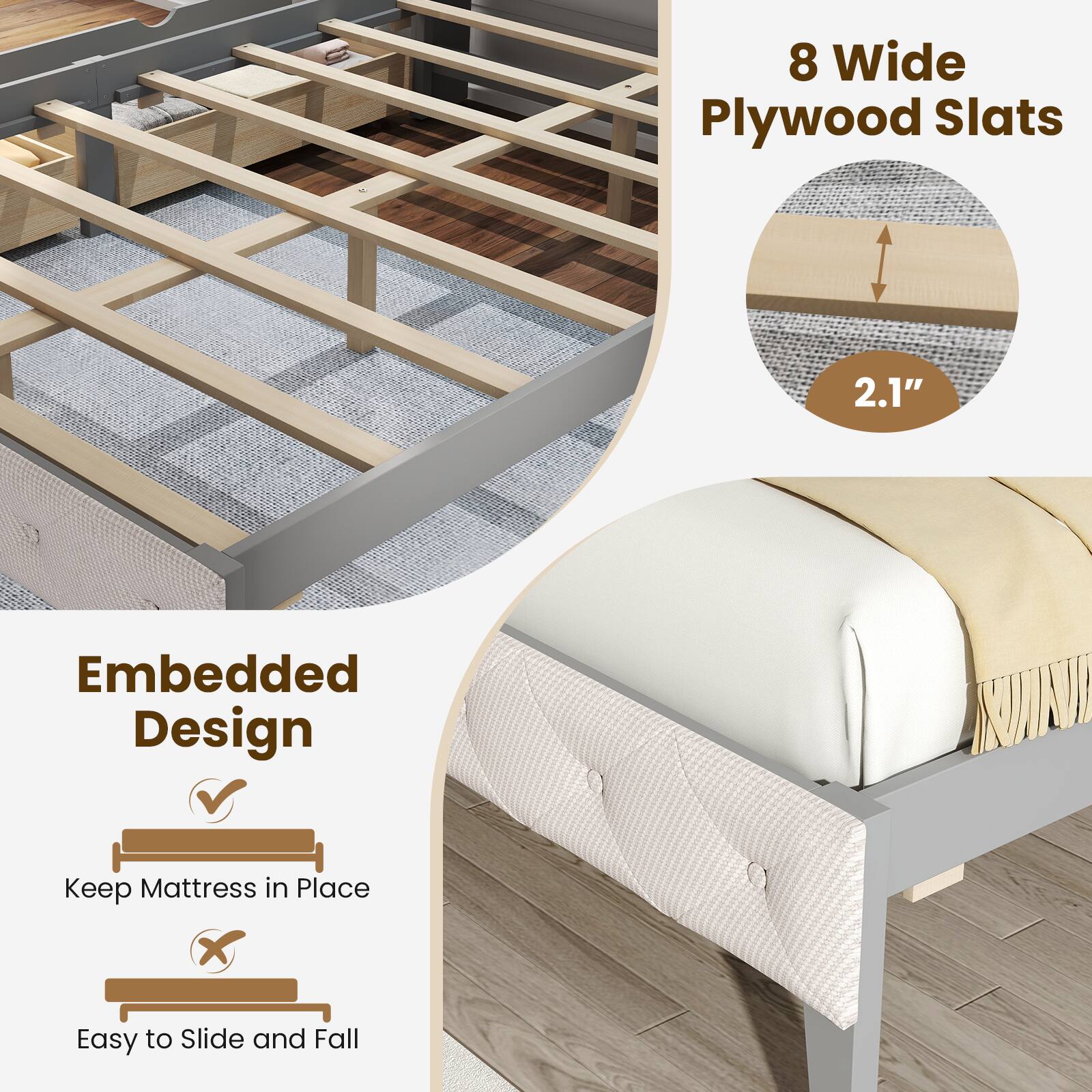 8 Wide Plywood Slats 2.1" Embedded Design Keep Mattress in Place X Easy to Slide and Fall