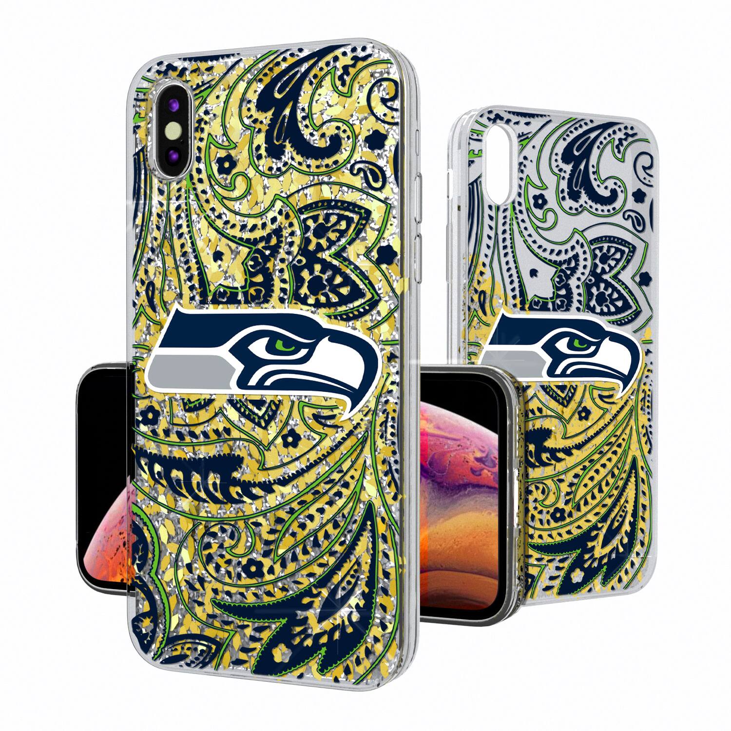Alt View 1. Keyscaper - Seattle Seahawks iPhone Paisley Design Glitter Case - 14 Pro Max - Multicolor.