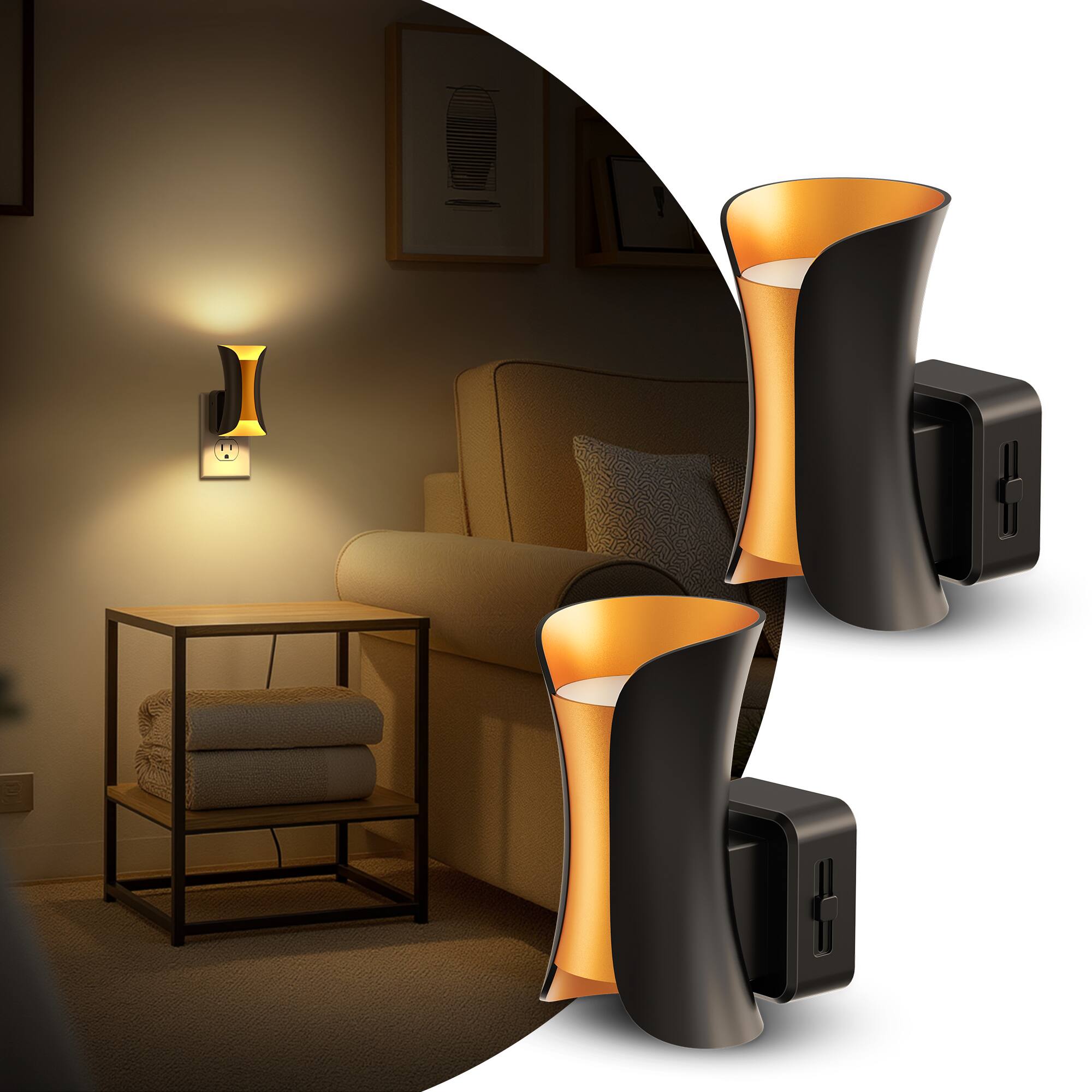 Angle. Jandcase - JANDCASE 2-Pack 1W  Plug-in Night Light, 3000K Warm Glow, Champagne Gold Finish, Up/Down Light, - Black.