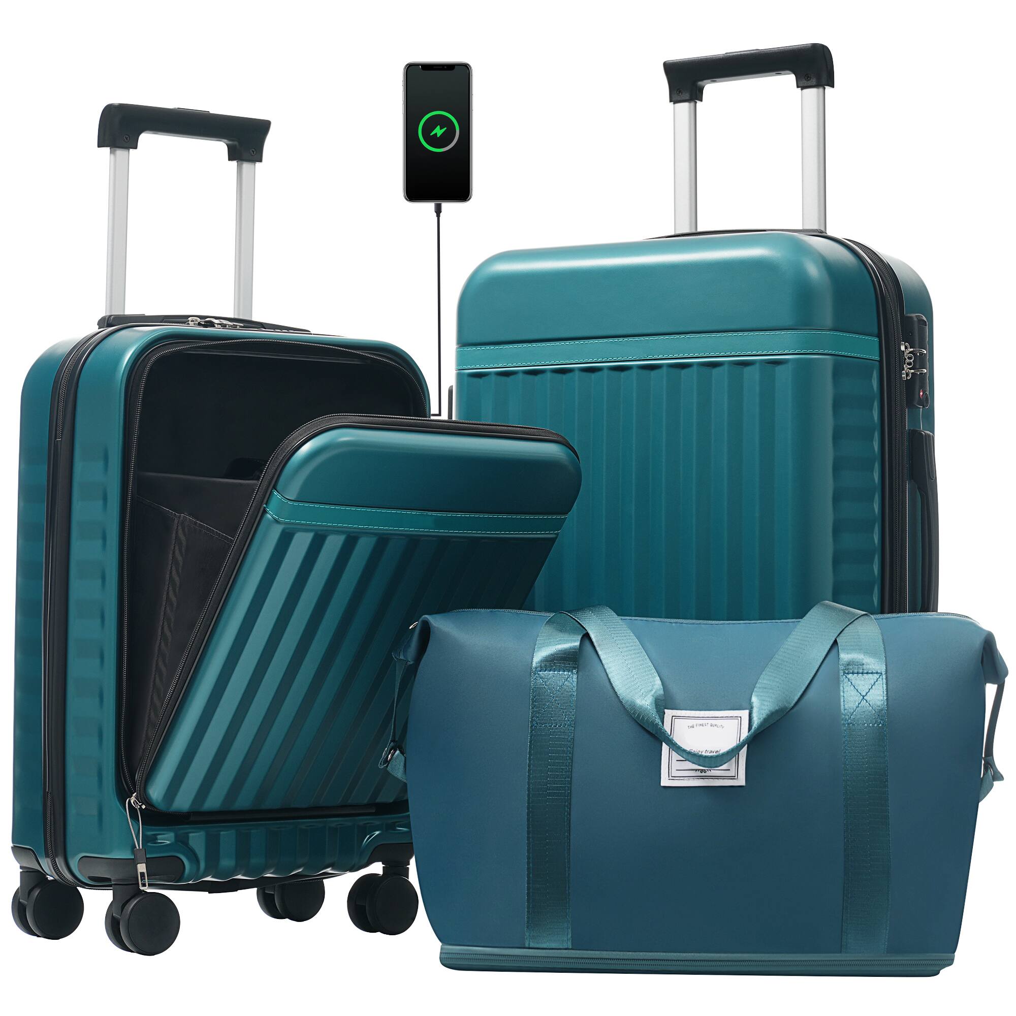 LOVMOR - 3-Piece Luggage Set Front-Opening USB TSA Spinner Expandable - Dark Green