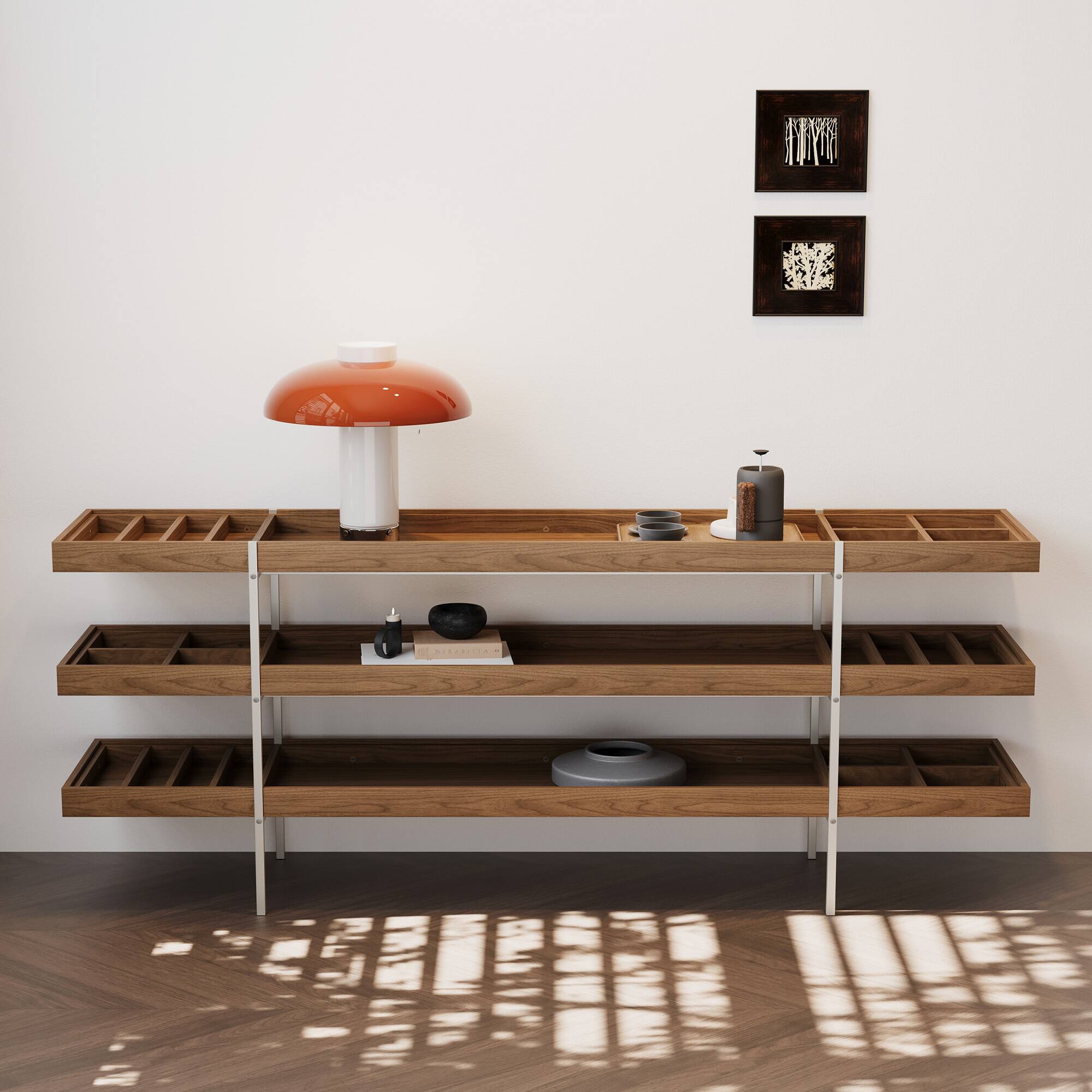 Alt View 1. luck idea - 78.74 Inch Display Shelf With Stainless Steel Brackets, Multi-functional Storage Rack For Living Room & Dining Room - Walnut Color.