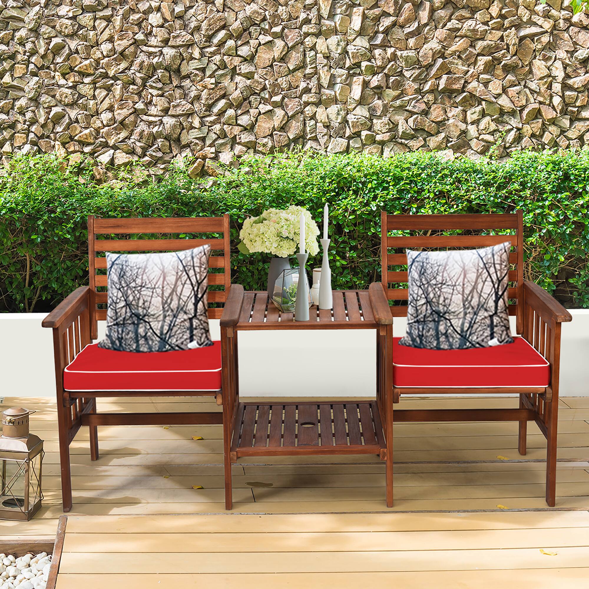 Alt View 1. Costway - Costway Patio Loveseat Conversation Set Acacia Wood Chair Coffee Table Cushioned Red - Red.