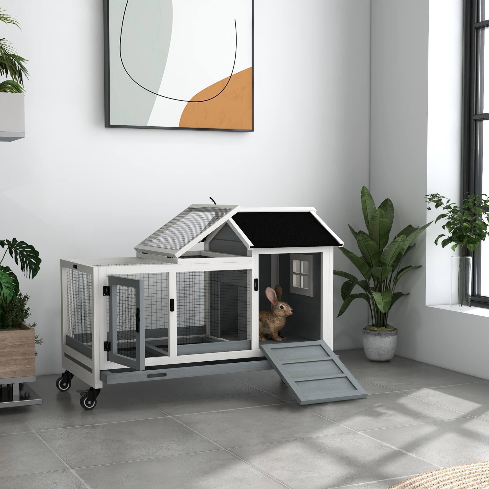Alt View 1. Pawhut - Rabbit Hutch with Wheels, Run, Slide-out Tray for Small Animals.